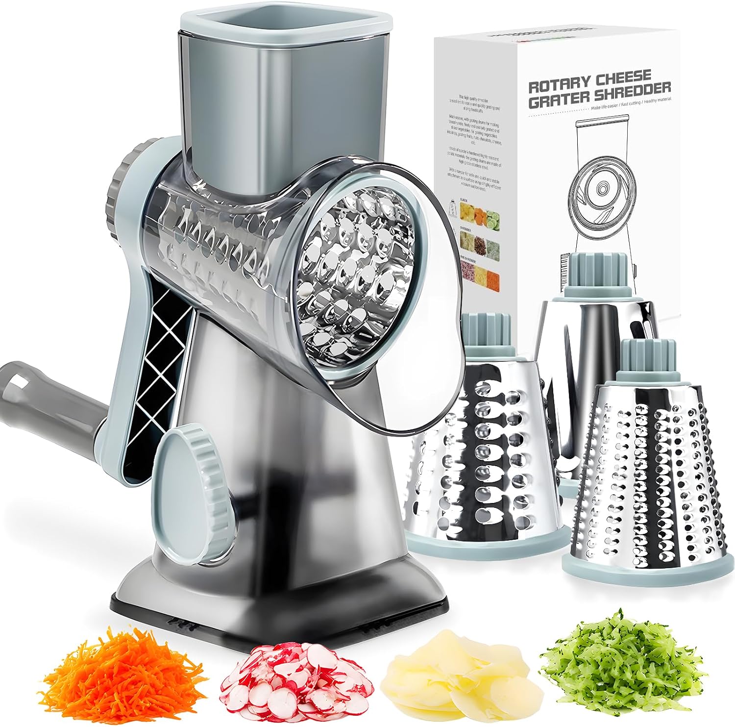 Cheese Grater,Rotary Grater vegeteble Slicer Chopper,Versatile Cheese Shredder,Blades for Shredding, Grating, Slicing,Vegetable Shredder with Suction Base and Cleaning Brush