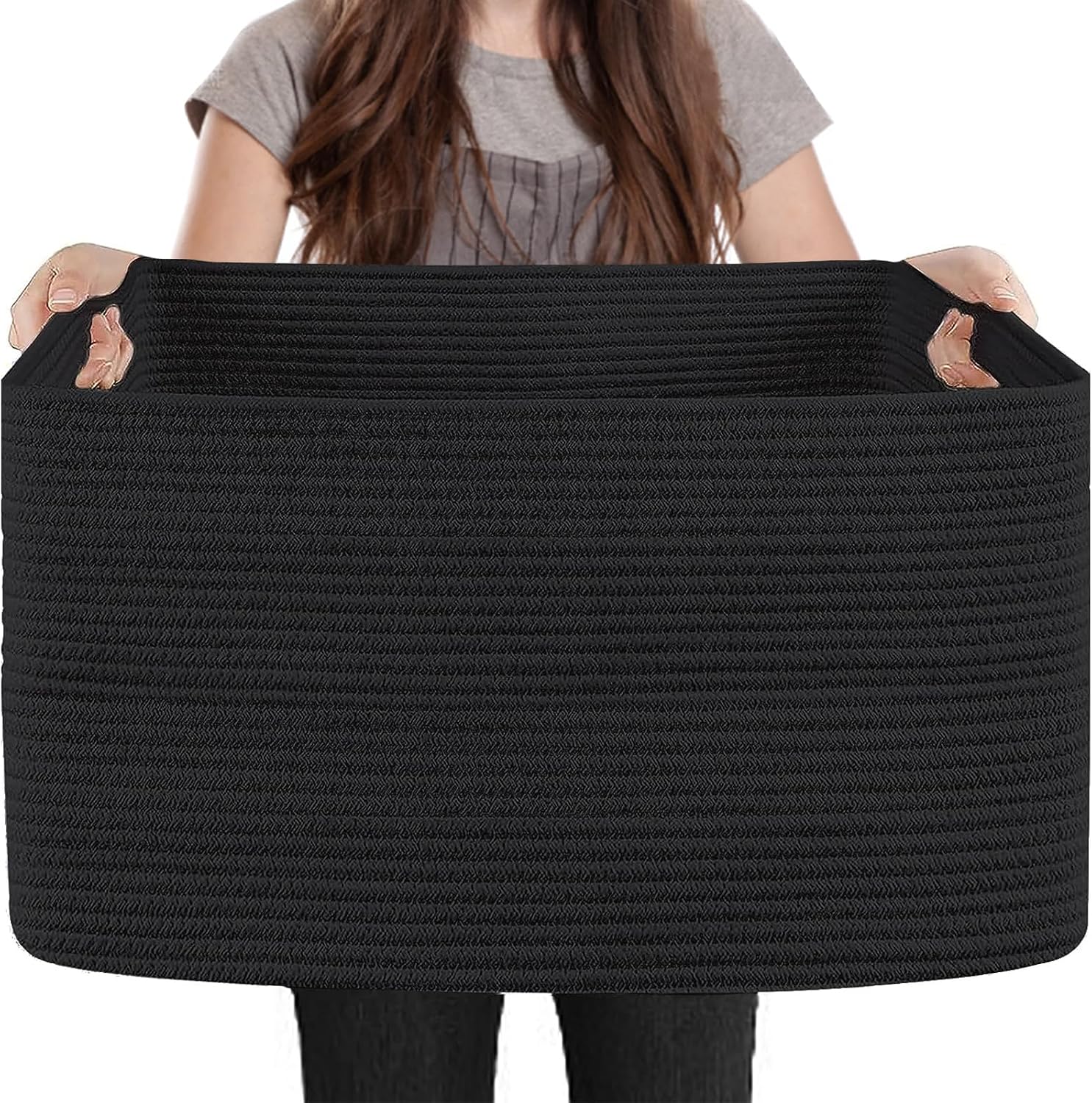 MEGASKET Extra Large Rectangle Storage Basket, 23.6" x 15.7" x 14.1" Black Blanket Basket Storage for Living Room, Large Soft Woven Cotton Rope Basket, Kids Toy Baskets Organizer Bins, Wicker Basket