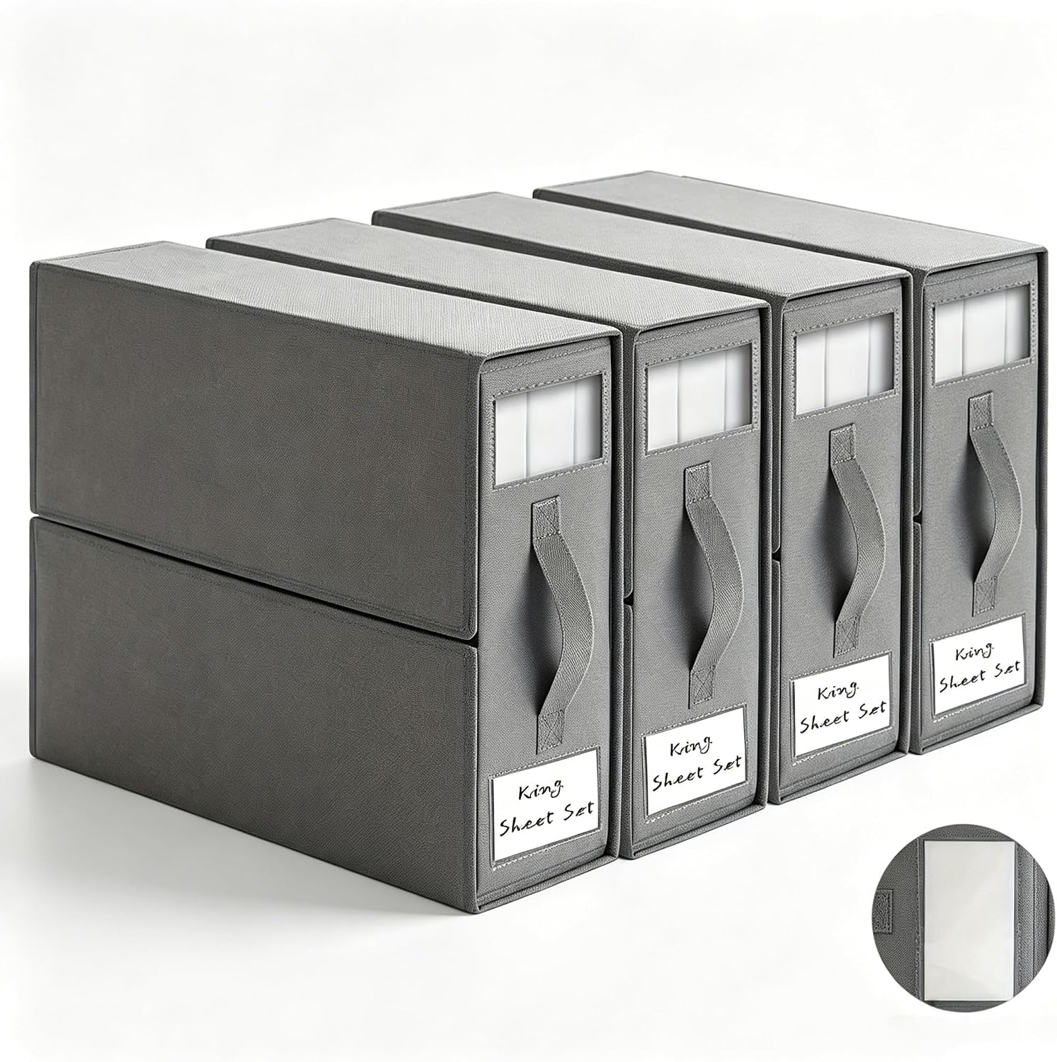 4 Pack Bed Sheet Organiser with Window,Bedding Storage Organisers,Grey | King & Queen Size Foldable Linen Storage Box for Wardrobe,Under Bed & Linen Cupboard