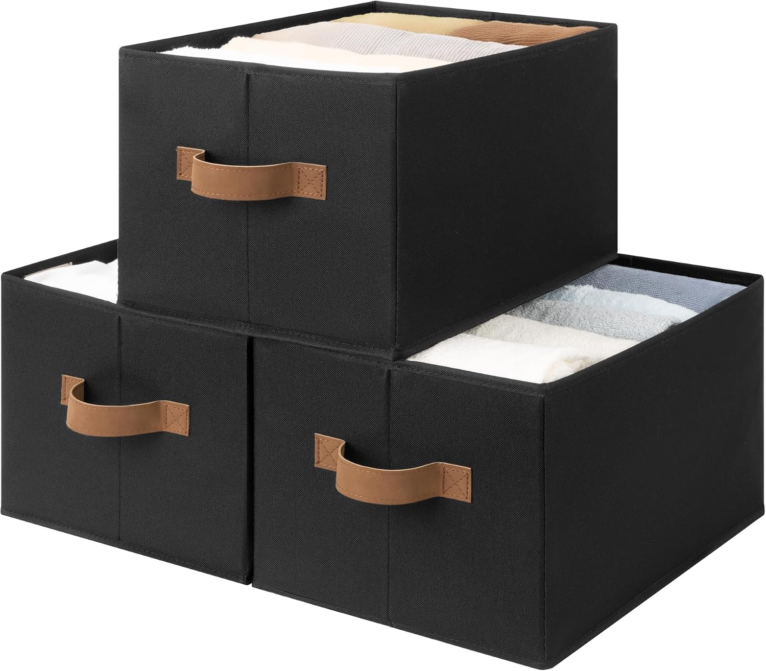 StorageWorks Fabric Storage Baskets with Handles, 3 Pack Linen Storage Box for Closet Organiser, Open Top Storage Basket for Shelves, Bedroom, Living Room, Wardrobe Organizer, Black, Large