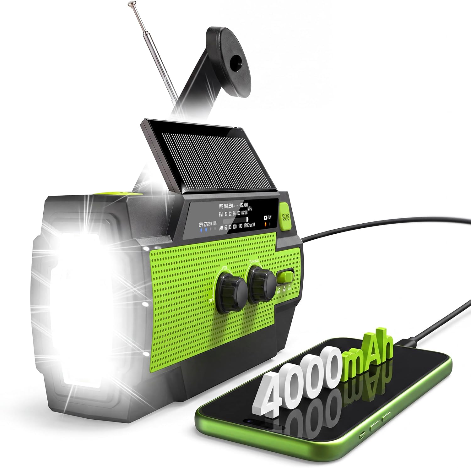 Emergency Crank Radio with 4000mAh Phone Charger, AM FM NOAA Weather Radio with 1W 3 Mode Torch & Motion Sensor Reading Lamp, USB, Solar Power, SOS Function,for Home & Outdoor Emergency (Green)