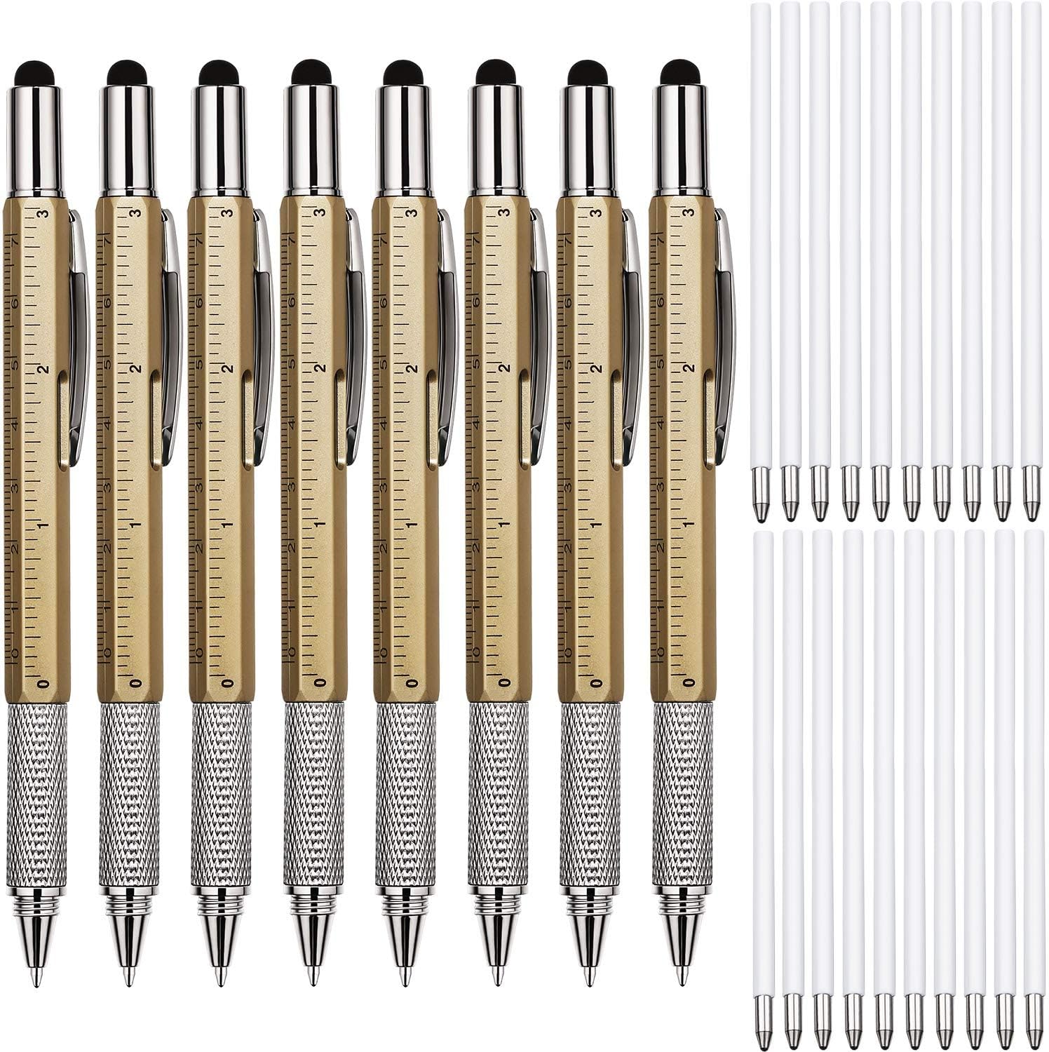 8 Pieces Gift Pen for Men 6 in 1 Multitool Tech Tool Pen Screwdriver Pen with Ruler, Levelgauge, Ballpoint Pen and Pen Refills, Unique Gifts for Men Color Set 6 | 6 in 1 Combines Ruler Level Screwdriver Stylus, 10 Ink Refills, Gift for Men, Portable Tool for Work DIY Projects