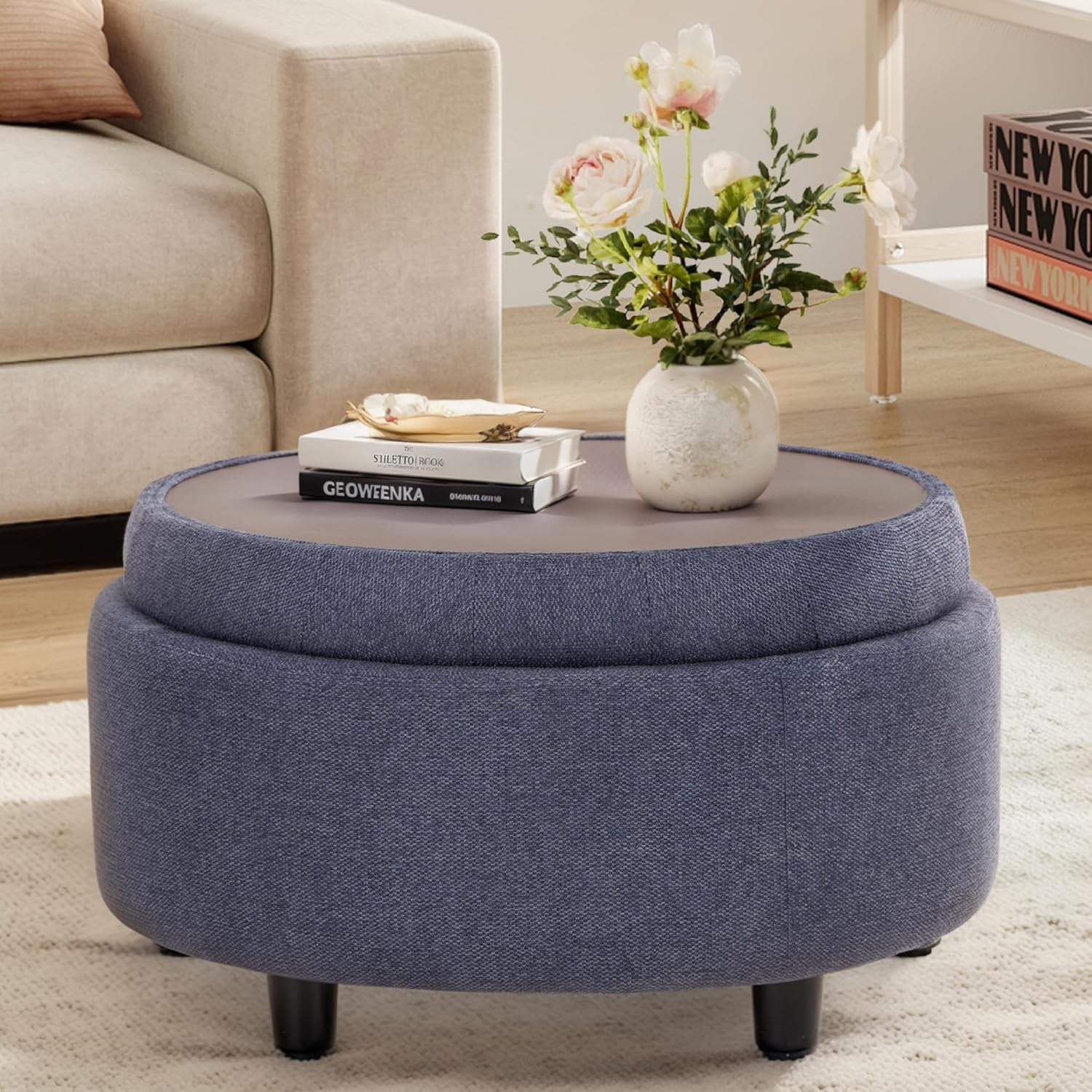 COLAMY Round Storage Ottoman, Upholstered Fabric Footrest Stool with Hidden Storage and Reversible Tray Top, Small Coffee Table for Living Room, Bedroom, Entryway，Blue