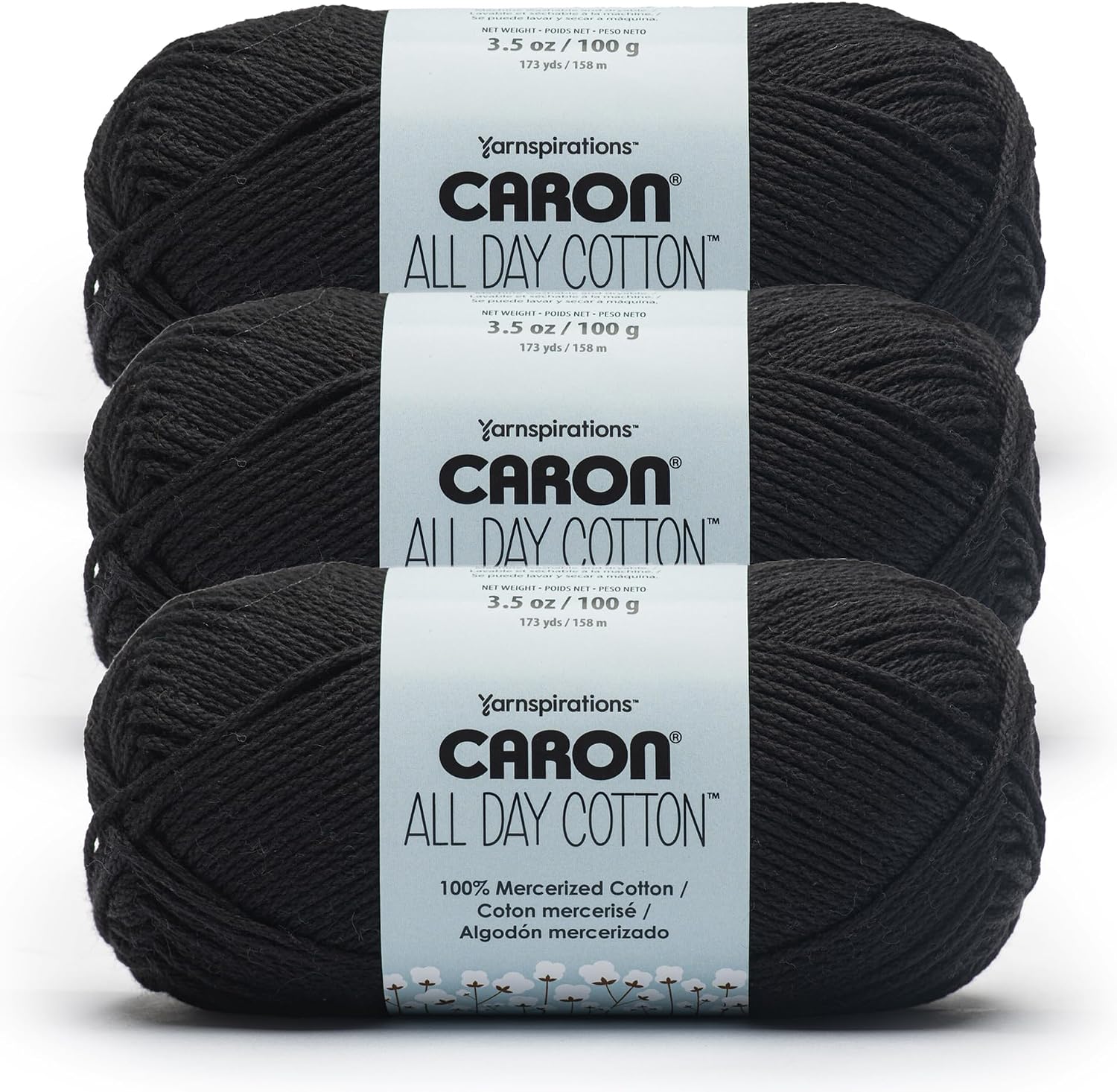 Caron All Day Cotton - 3 Pack of 173 Yards/3.52 oz Black 100% Mercerized Cotton Yarn | #4 Worsted Yarn, 100% Mercerized Cotton, Soft Crochet Yarn for Knitting, Amigurumi & Crafts, 173yds, 100g/3.5oz per skein