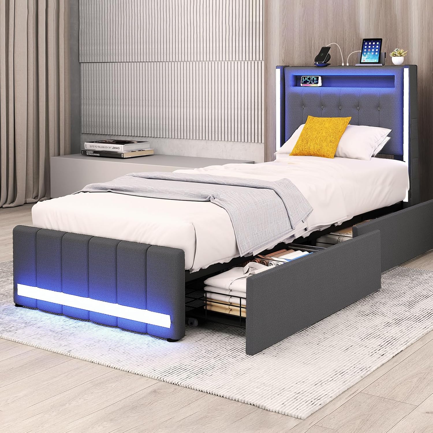 Levede Bed Frame, Double Bed Frame with RGB LED Lights, 4 Drawers Storage, Linen Fabric Platform Bed, Headboard with USB Ports, No Box Spring, Grey