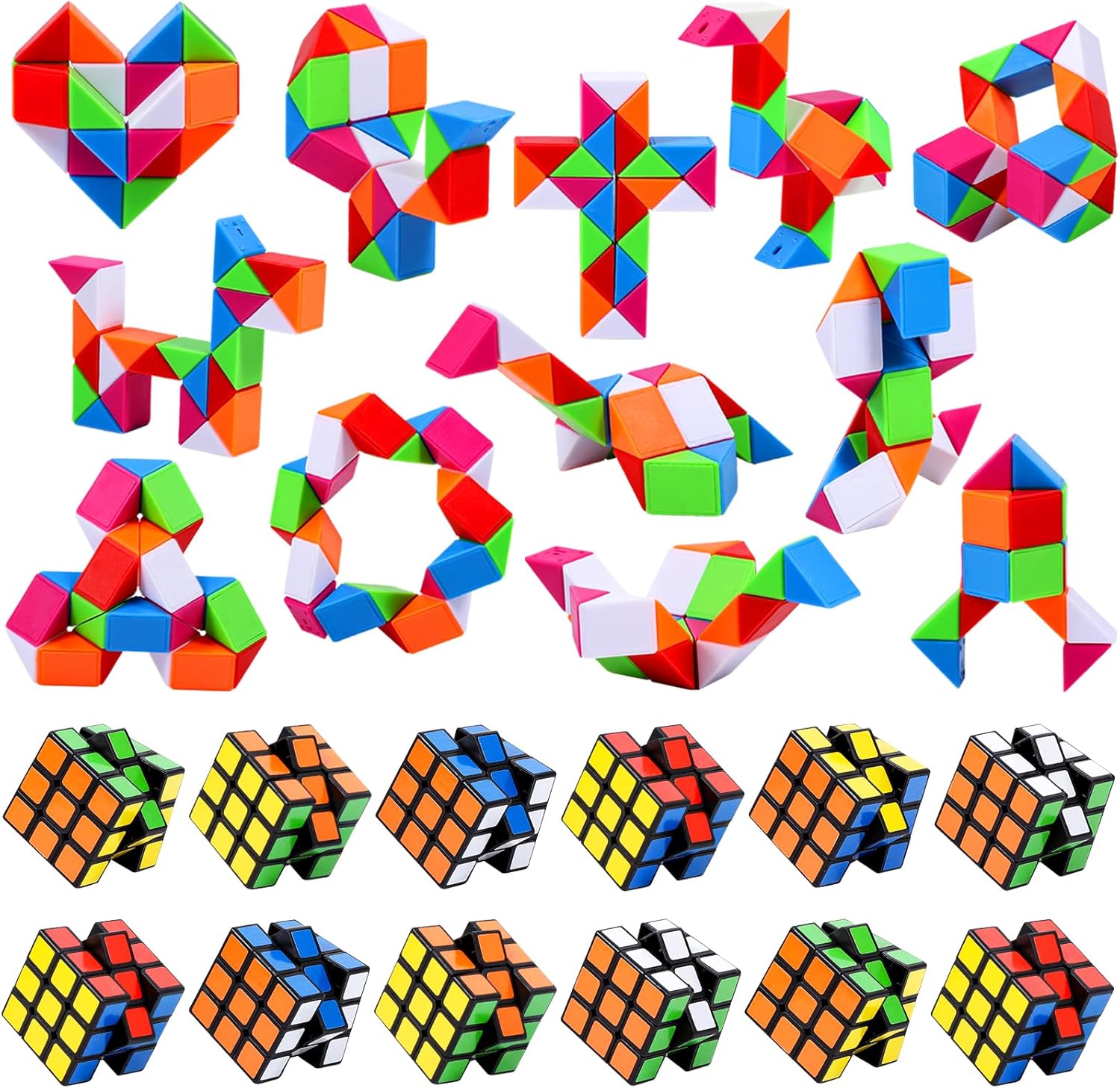 24 Pcs Mini Cubes Bulk, Puzzle Cube & Fidget Snake Cube Party Favors, 1.18in 3×3×3 Cube Set, Stress Relief Toys, Birthday Party Gifts, School Rewards Classroom Prize, Stocking Stuffers for Kids