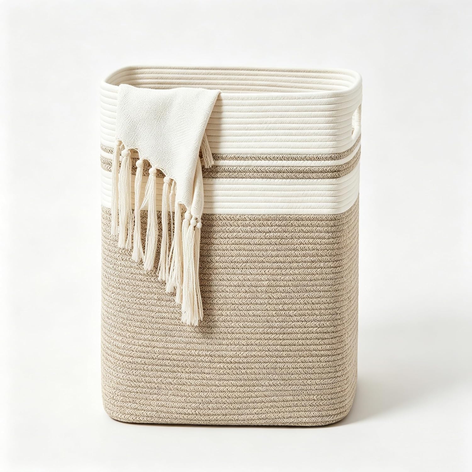 AIDERLY Large Cotton Storage Basket, Woven Laundry Hamper, 56 x 41 x 33 cm, Beige and White