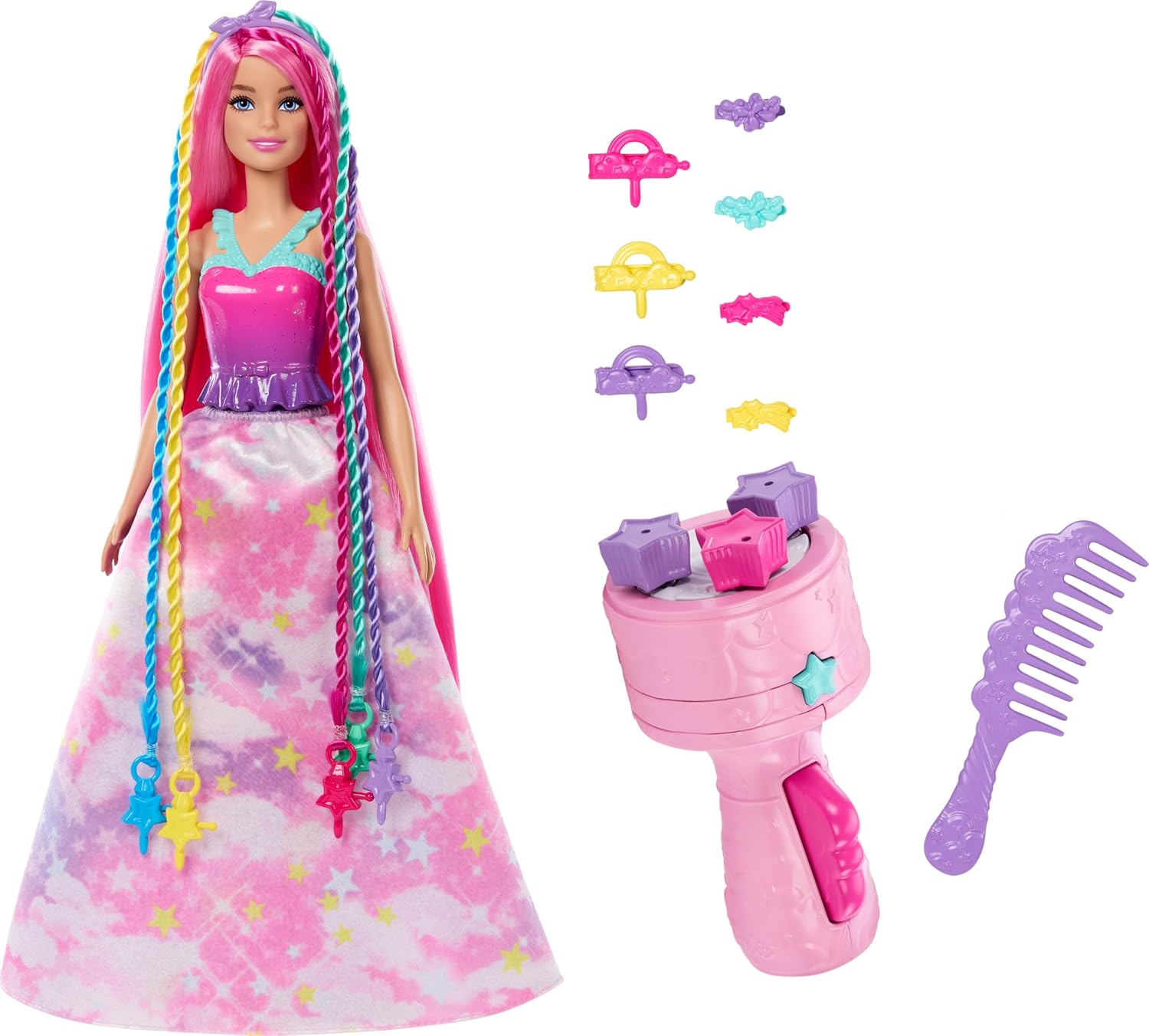 Barbie Doll, Fantasy Hair with Braid and Twist Styling, Rainbow Extensions, Twisting Tool with Accessories​​