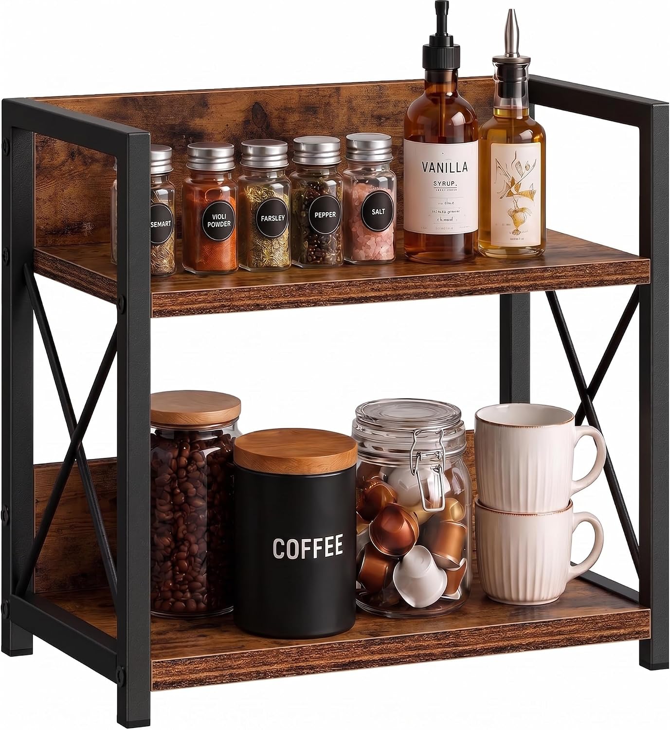 Countertop Organizer Shelf, 2 Tier Kitchen Spice Rack and Coffee Station Organiser Shelf, Rustic Wood Storage Rack with Black Metal Frame, Compact Counter Shelf for Pantry, Bathroom and Home Office