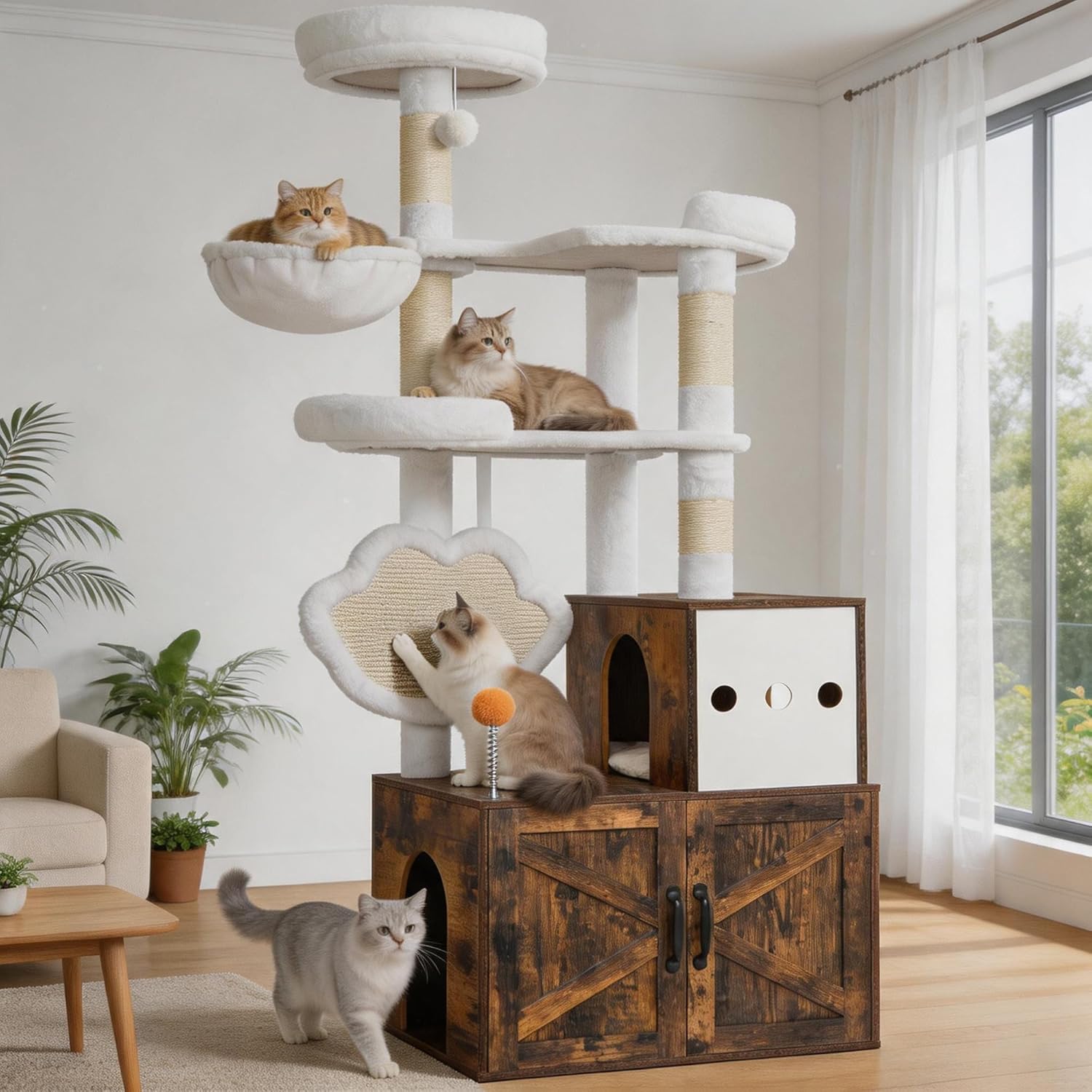 Heybly Cat Tree with Litter Box Enclosure, Modern 162cm Hidden Cat Tower for Indoor Cats, All-in-One Solid Wood Cat Condo with Paw-Shaped Board, Multi-Level Perch & Playzone, Rustic Brown HCT105SR | All-in-One Solid Wood Cat Condo for Indoor Cats with Paw-Shaped Board, Multi-Level Perch & Playzone, Rustic Brown