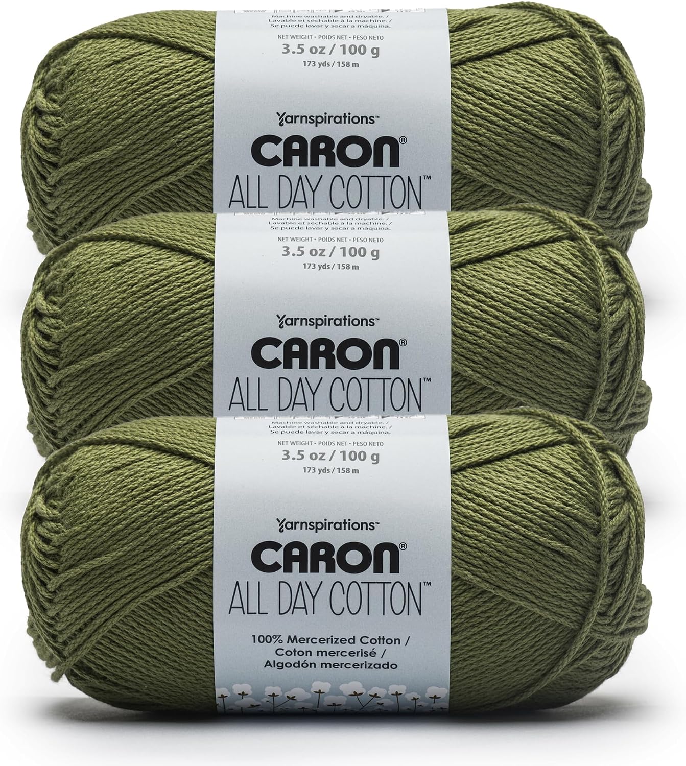 Caron All Day Cotton - 3 Pack of 173 Yards/3.52 oz Moss 100% Mercerized Cotton Yarn