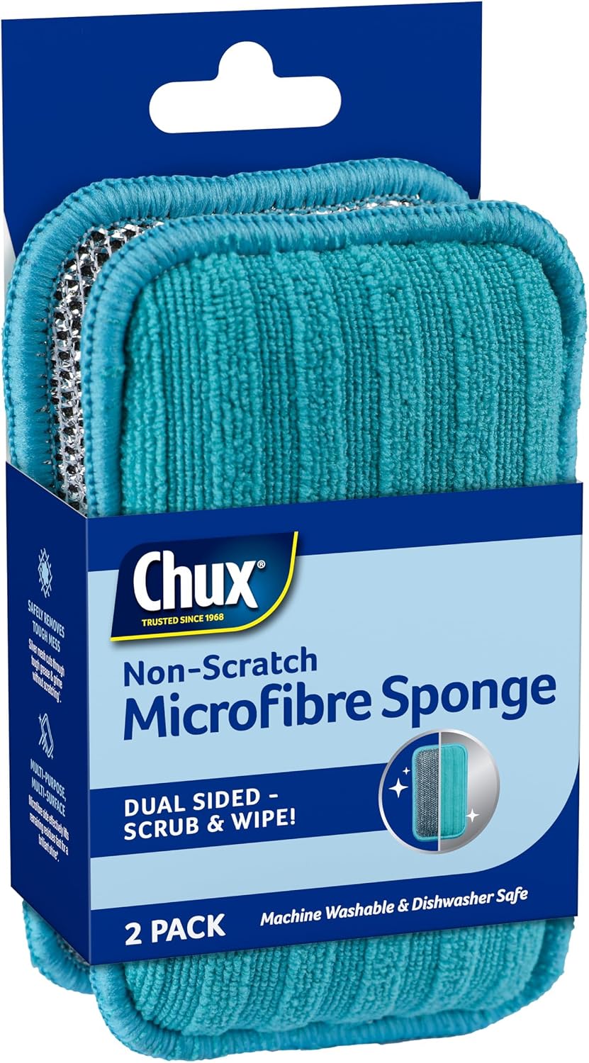 Chux Non-Scratch Microfibre Scrub Sponge – Dual-Sided, Safe for Nonstick & Delicate Surfaces, 2 pack