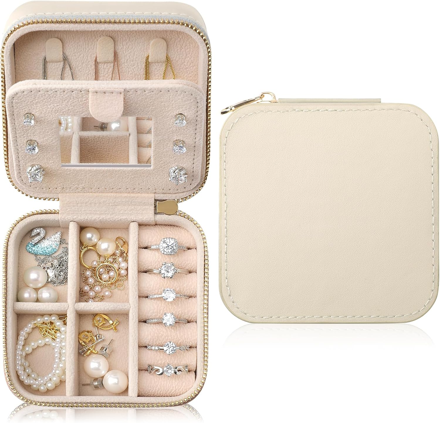 Genuine Leather Travel Jewelry Case Organizer with Mirror for Women, Small Jewelry Box Portable Mini Jewelry Case for Earring, Ring, Necklace, Bracelet Beige