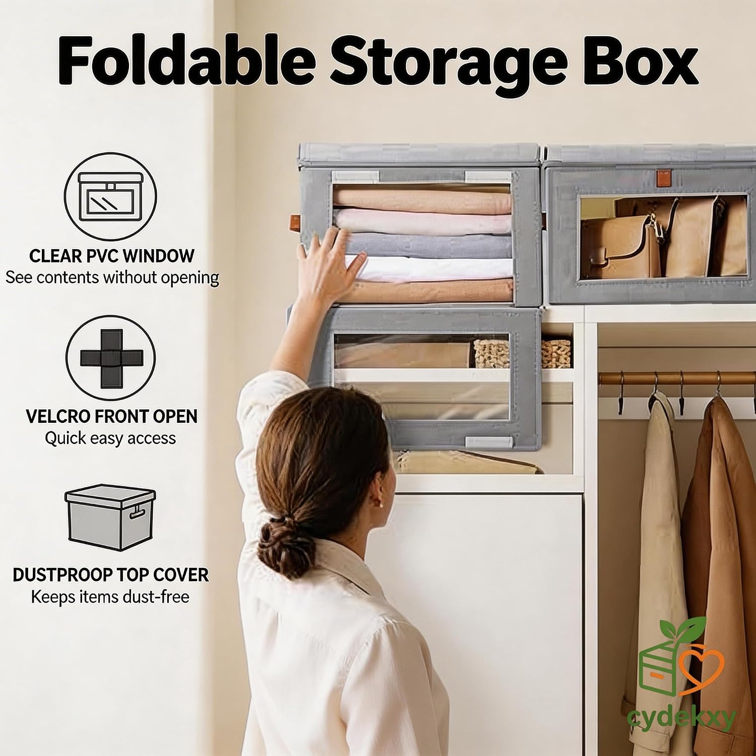 Large Storage Boxes with Lids, Stackable & Collapsible Wardrobe Storage & Clothes Storage Bins, Oxford Fabric Organizer with Clear Window for Shelves, Closet, Dorm - Grey 2 Pack