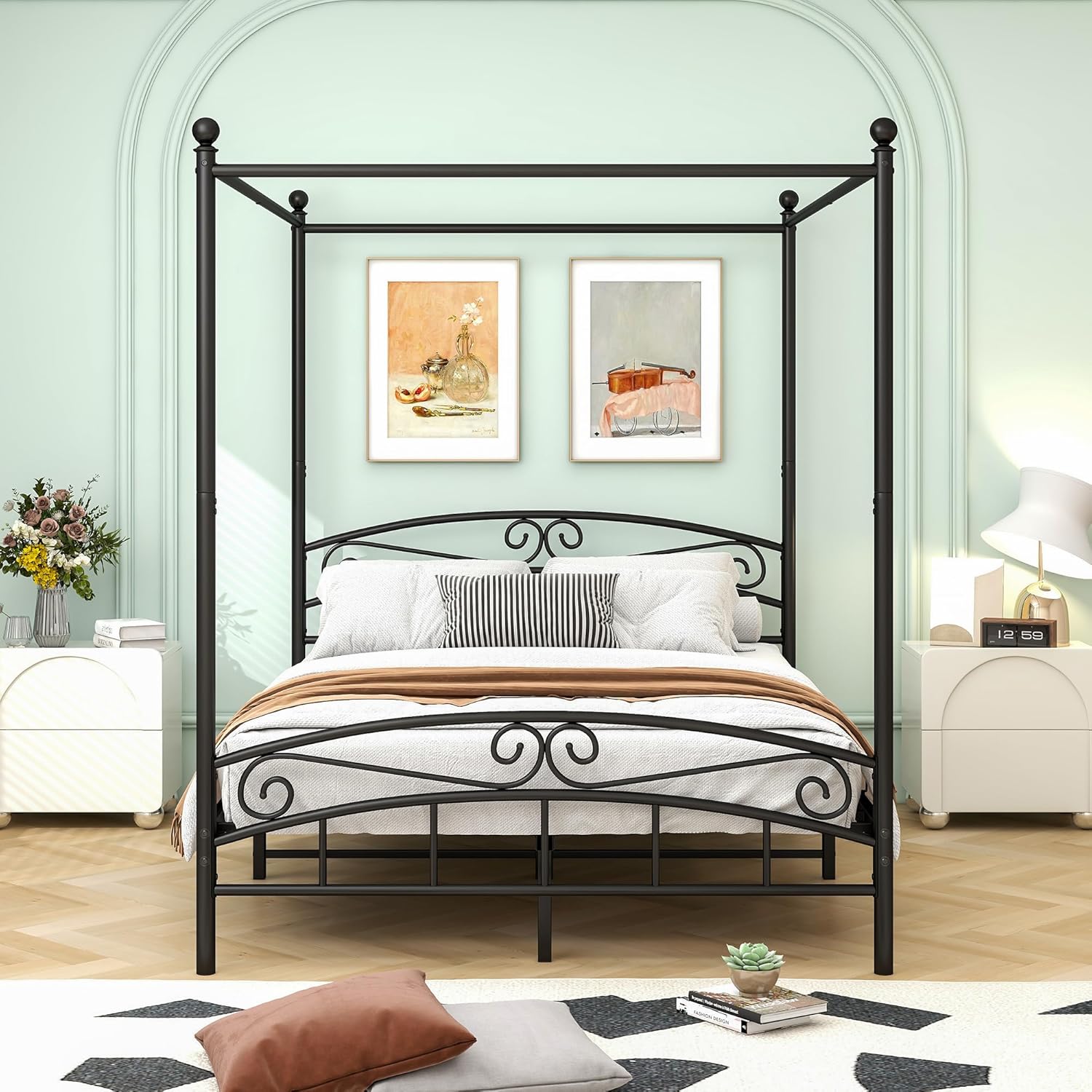 Queen Bed Frame,Canopy Four Poster Bed with Metal Slat,Black | Storage space,Mosquito Curtains,Home Furniture,Mattress Base Metal Platform,Under Bed Storage,Easy Assembly,No Noise