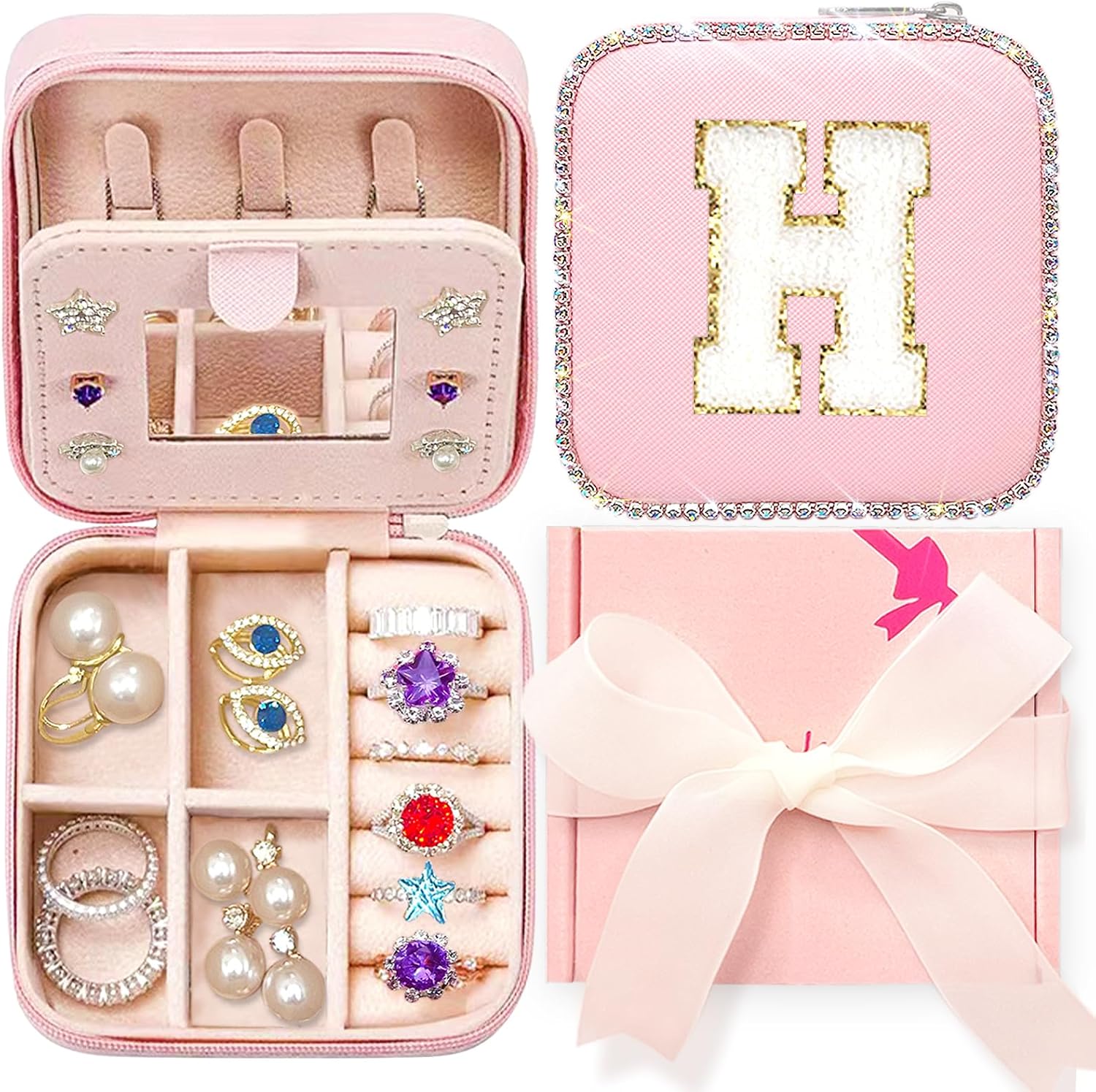 Jewelry Organizer Personalized Initial Jewelry Case - Teacher Must Haves & Back to School Gift - (Letter H) Pink