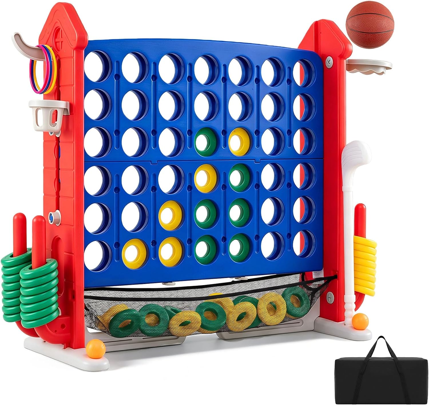 HONEY JOY 4-in-1 Jumbo Yard Giant Game Set w/Basketball Hoop, Ring Toss, Golf, Indoor Outdoor Family Party Games for Kids & Adults