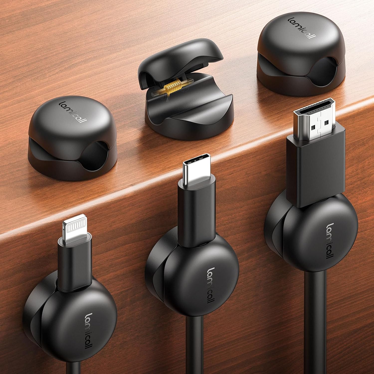 Lamicall 6Pack Cable Clips, Spring Cord Organzier Holder - Compact Desk Cable Management Clips, Nightstand Phone Charger Cord Holder, 8mm Wider Slot Adhesive Wire Organizer, Car Desk Office Accessory