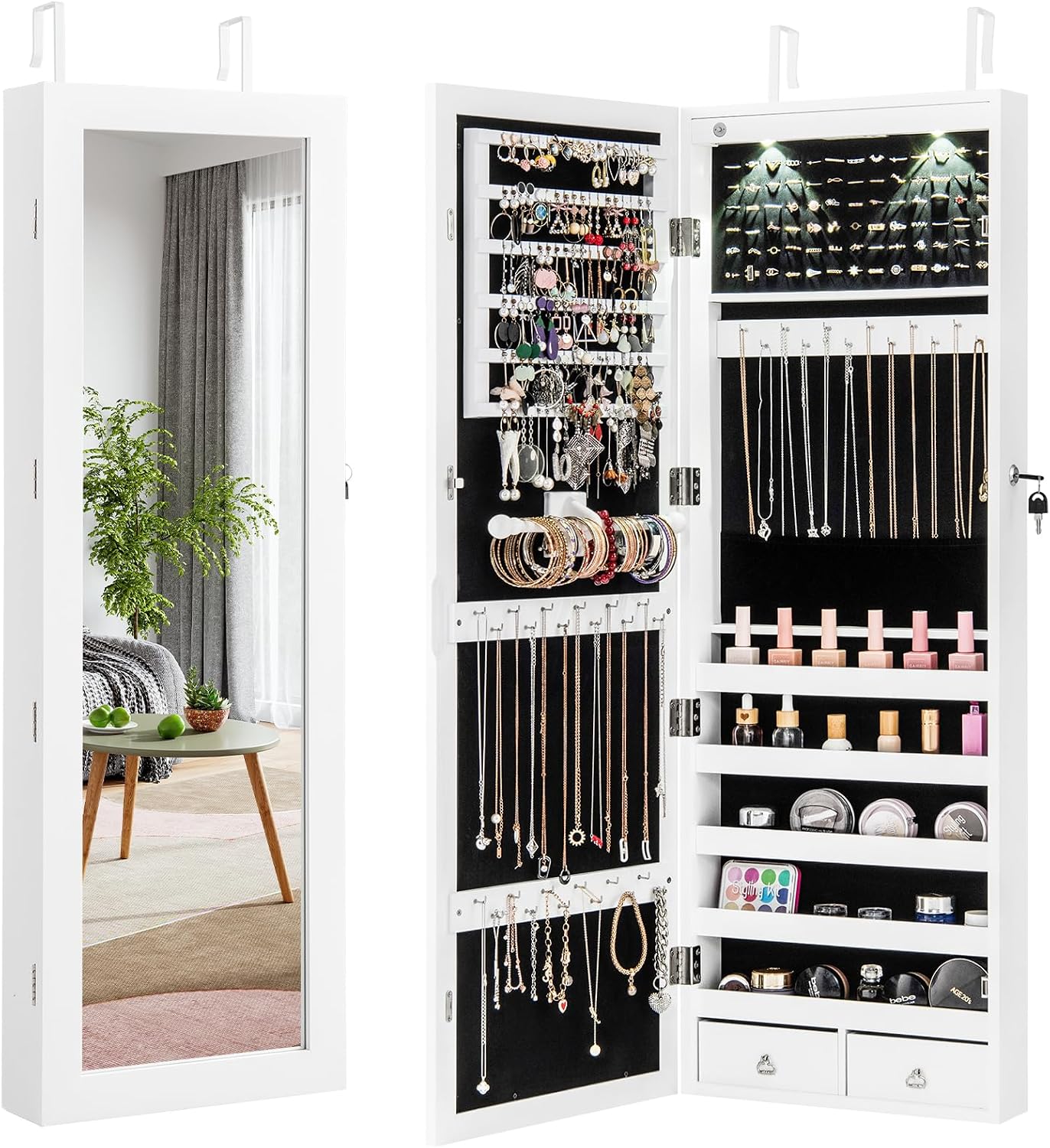 Giantex Mirror Jewellery Cabinet, LED Wall Mounted/Door Hanging Jewelry Armoire, Adjustable Hanging Hooks, Full Length Mirror & 2 Drawers, Lockable Cosmetic Make-up Storage Organiser (White)