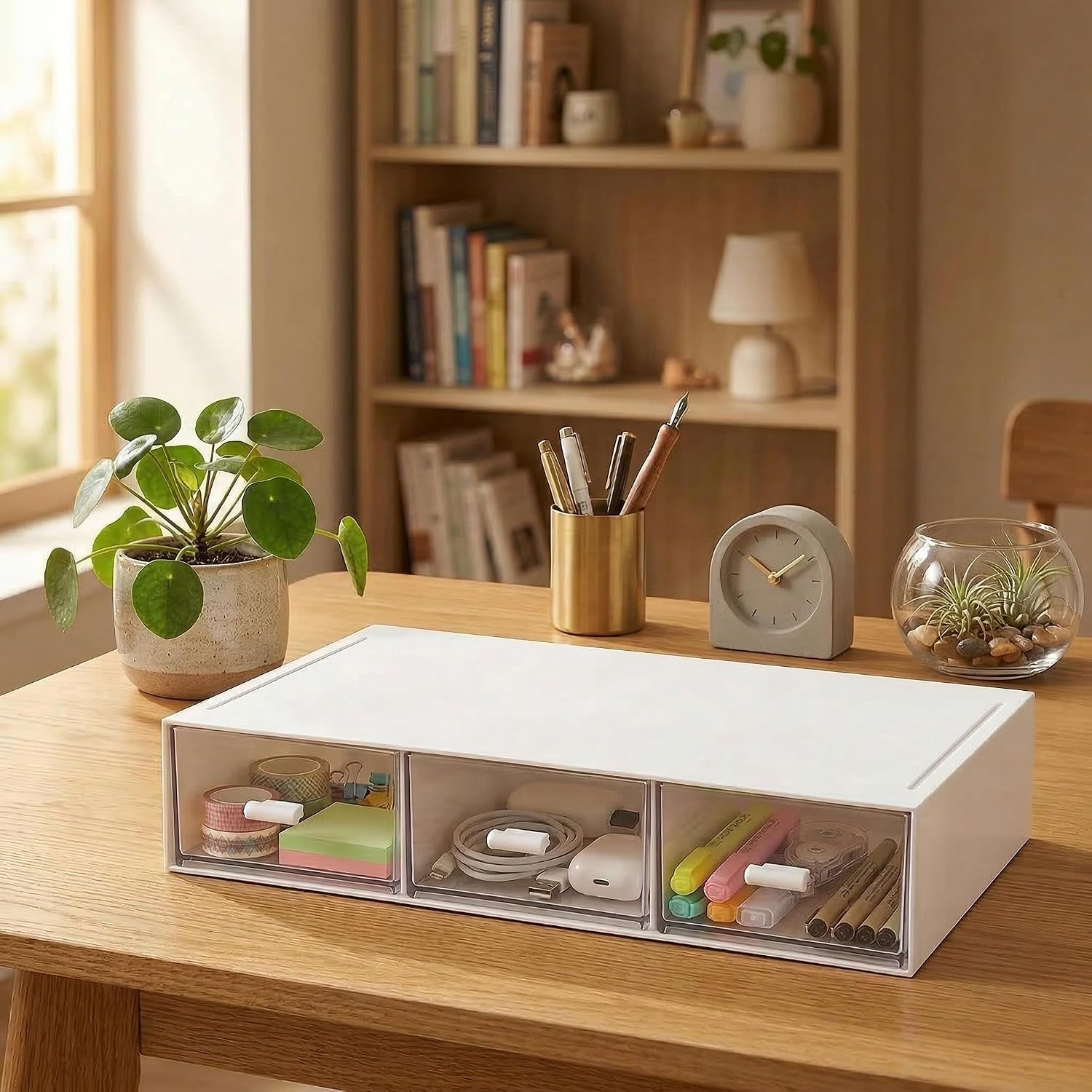 Desk Organizer with Drawer, Stackable Plastic Desk Storage Box, Compact Desktop Organizer for Office Home, Small Space Countertop Storage for Stationery Supplies and Accessories, 3 Drawer, White