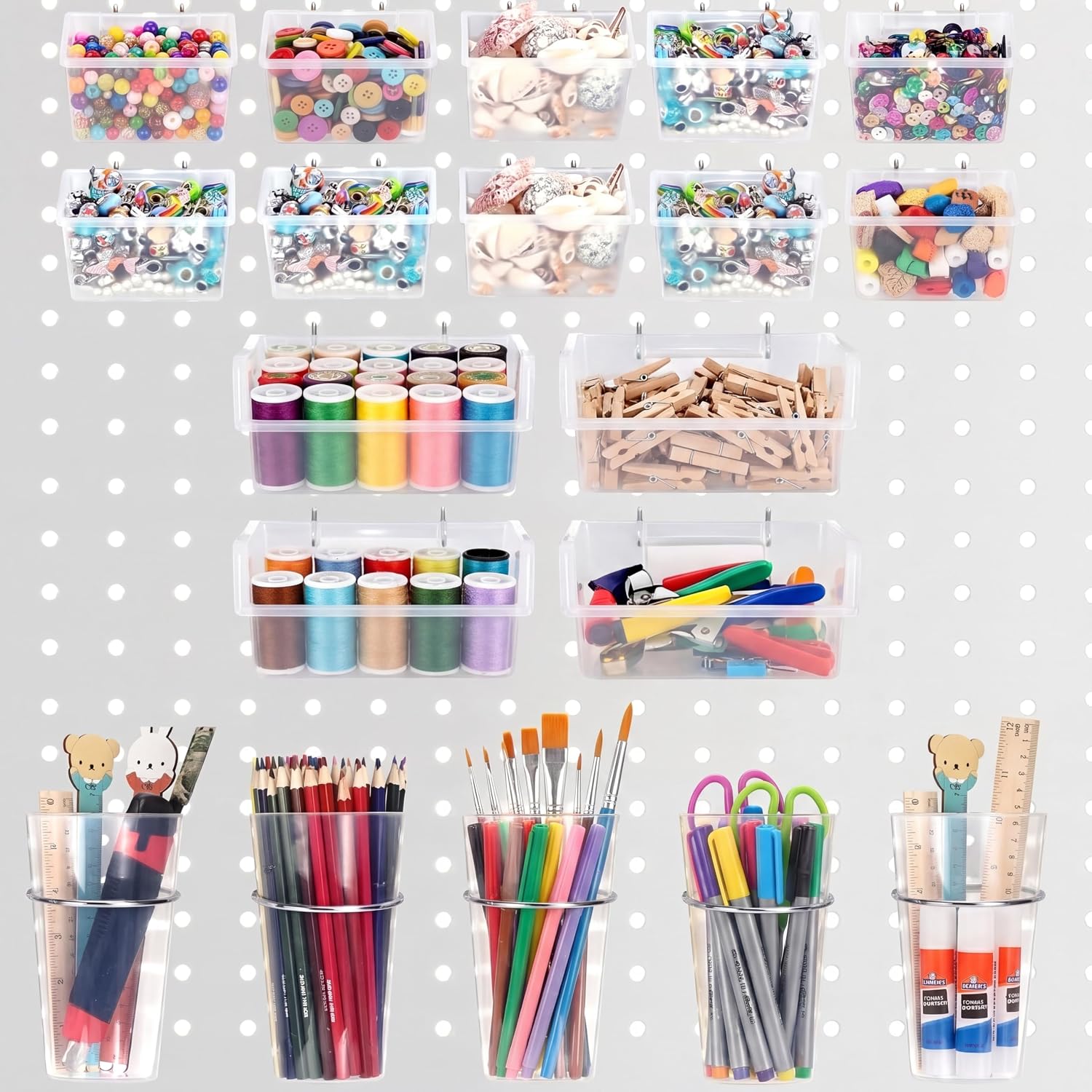 Pegboard Bins and Cups Set, 19 Pieces Pegboard Organizer Accessories with Metal Hooks, Clear Plastic Storage Containers for Small Parts Tools Screws, Garage Workshop Craft Room Office