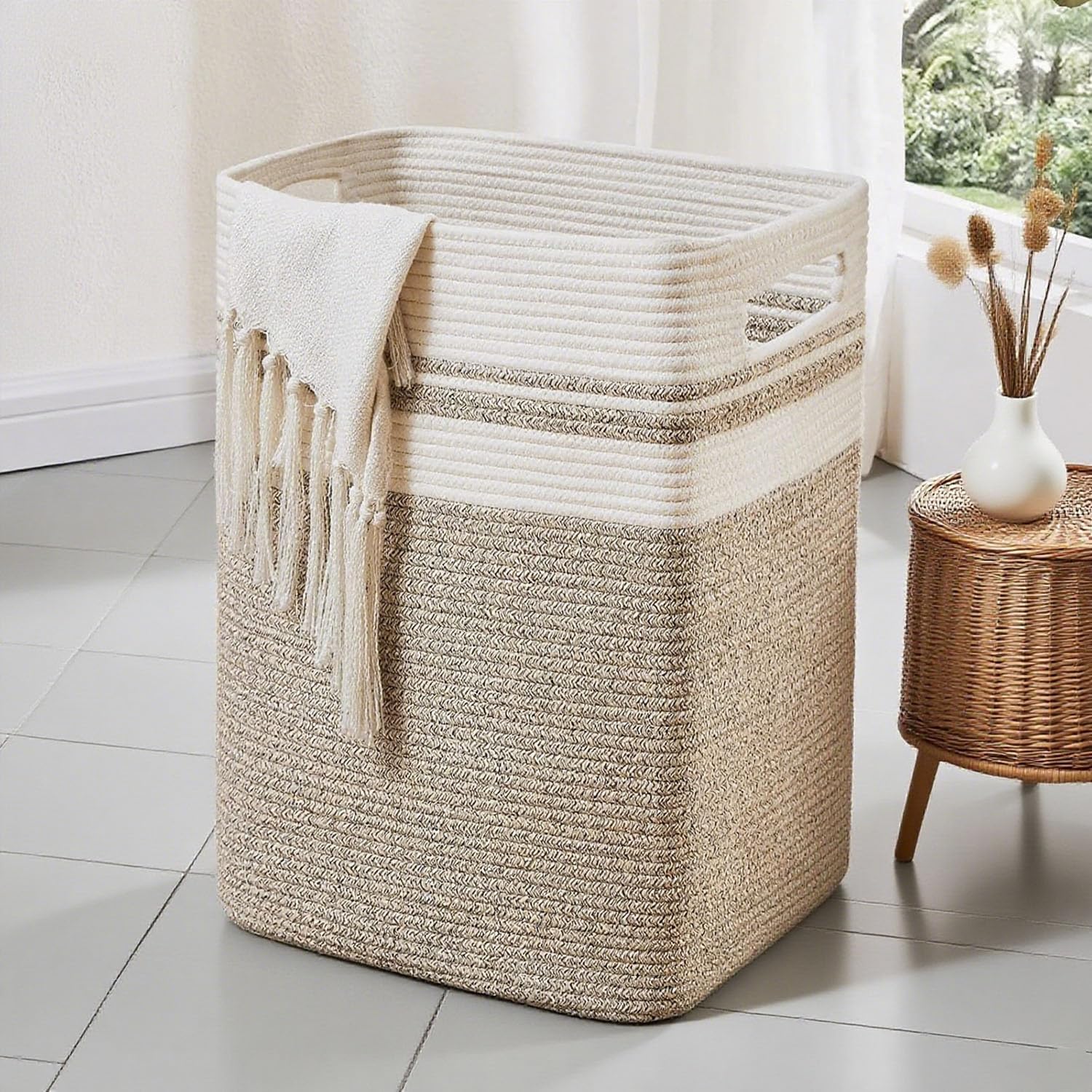 Laundry Washing Basket, Tall Woven Cotton Laundry Hamper, Large Storage Basket, Decorative Versatile Blanket Basket for Clothes, Blankets, Toys Storage & Organization, 16x13x22in