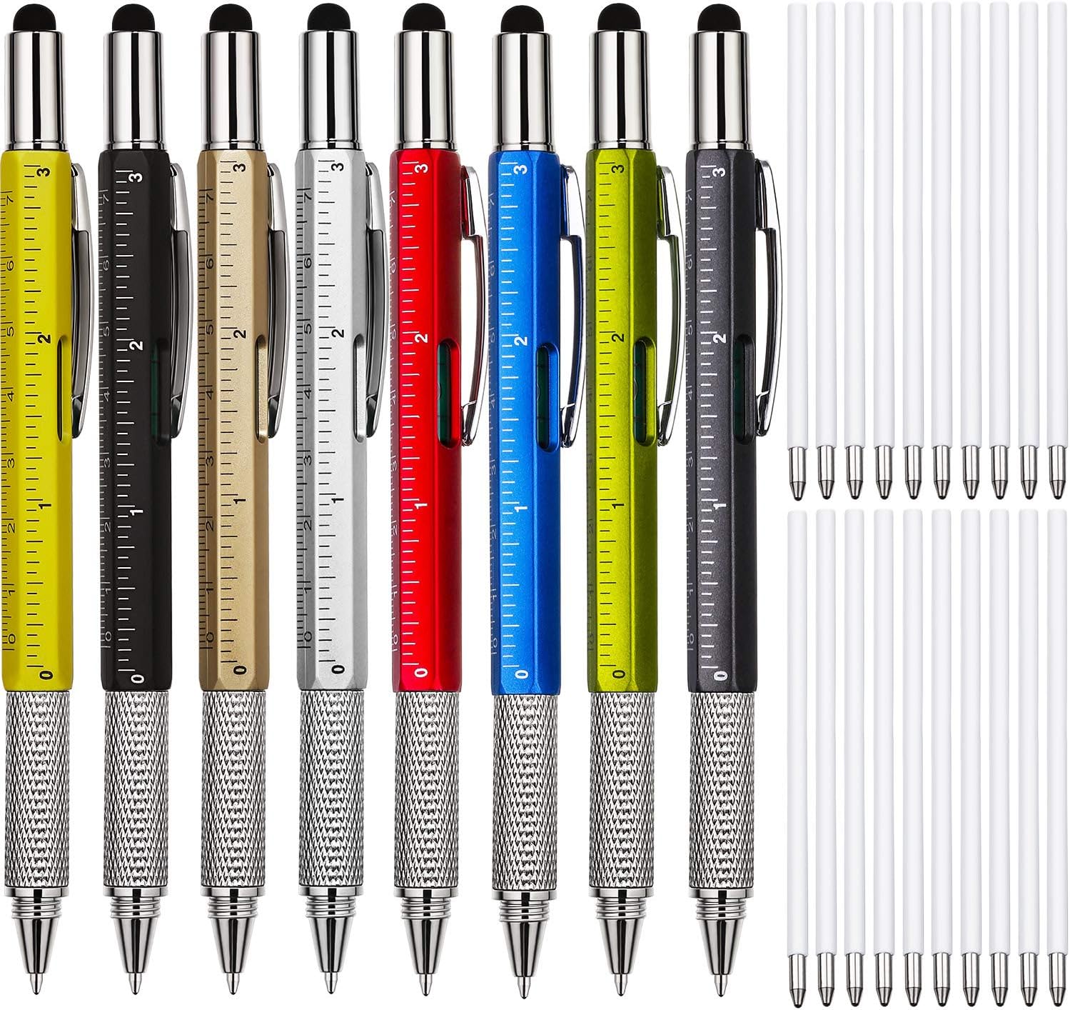 8 Pieces Gift Pen for Men 6 in 1 Multitool Tech Tool Pen Screwdriver Pen with Ruler, Levelgauge, Ballpoint Pen and Pen Refills, Unique Gifts for Men Color Set 2 | Ballpoint with Stylus and Level, 20 Ink Refills Included, Screwdriver Ruler Tools, Birthday Christmas Gift