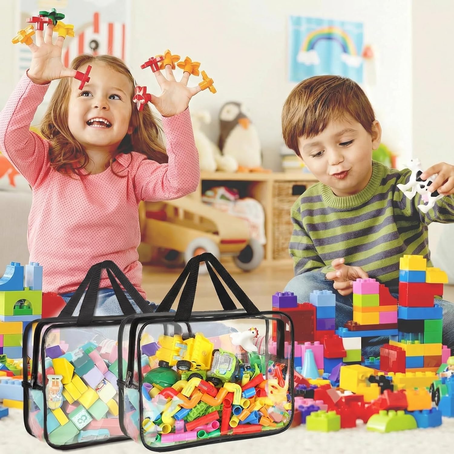 12 Packs Toy Storage Bags with Labels, Large PVC Reusable Board Game Storage Containers Clear Zipper Pouches Waterproof Travel Organizer Bags for Building Blocks, Puzzle, Kids Books (12, Black)