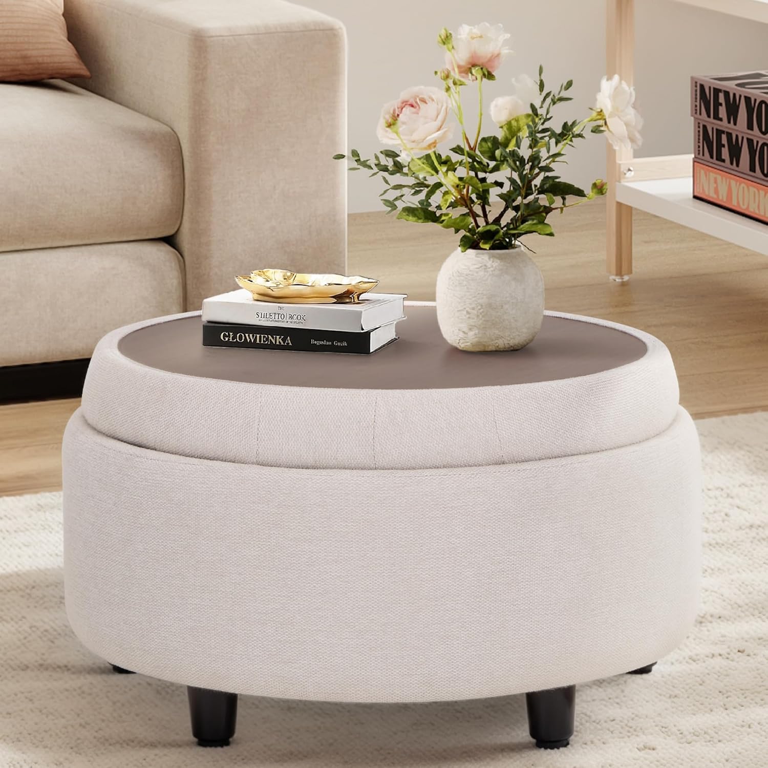 COLAMY Round Storage Ottoman, Upholstered Fabric Footrest Stool with Hidden Storage and Reversible Tray Top, Small Coffee Table for Living Room, Bedroom, Entryway（Beige）