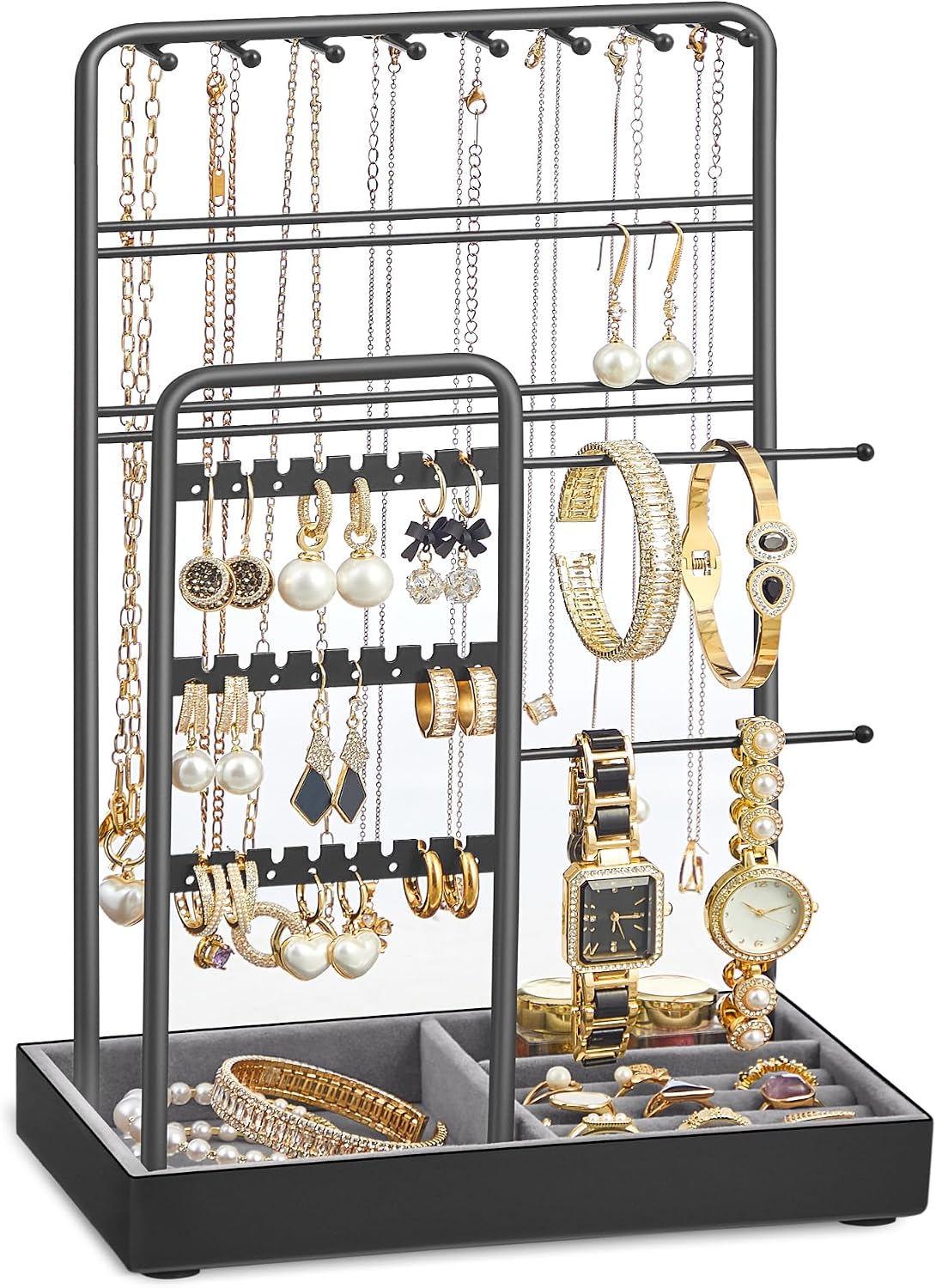 SONGMICS Jewellery Stand, Jewellery Organiser, Jewellery Display Stand with Metal Frame and Velvet Tray, Earring Bracelet Holder, Necklace Stand, for Studs, Rings, Gift Idea, Black JJS021B01 | Jewelry Storage for Necklaces Bracelets Earrings Studs Rings, Gift Idea, Christmas, Black, CAELEY Collection JJS021B01
