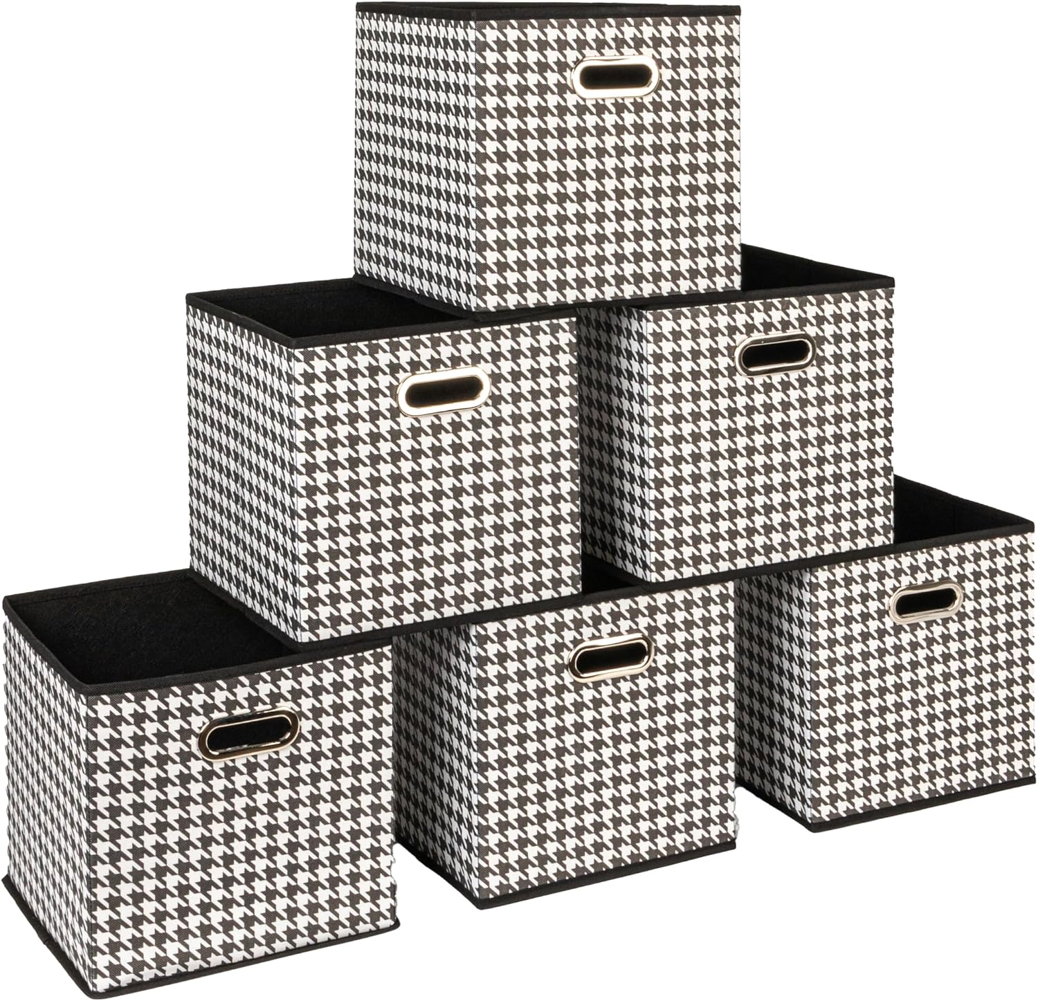 Household Essentials Fabric Storage Cube Bins, 6 Piece Set, Strong Poly-Woven Fabric, Chipboard Sides, Grommet Front Handle, Stackable and Foldable, Classic Design, Black and White Houndstooth