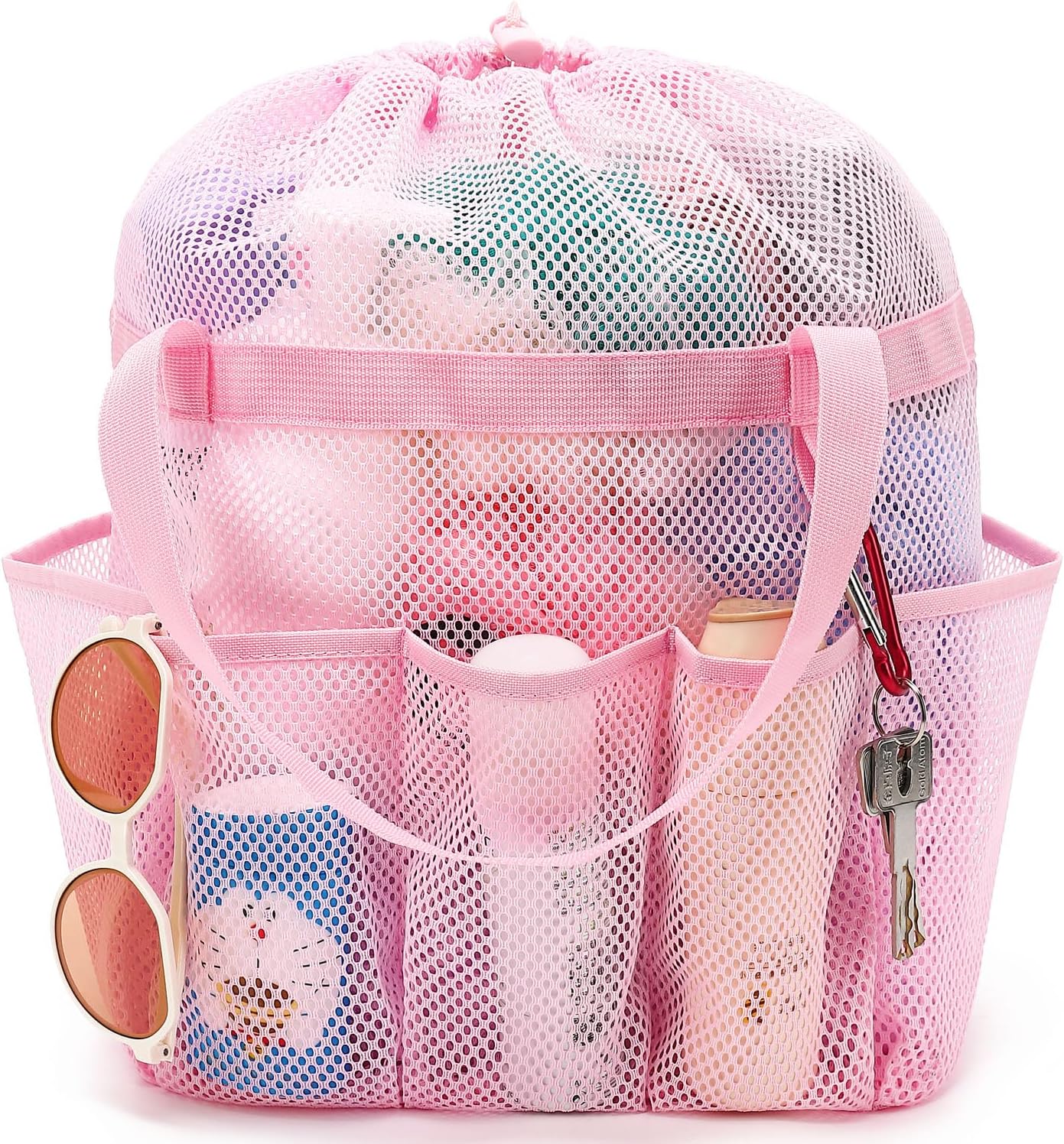 Fammart Mesh Shower Caddy Portable with Drawstring, Dorm Room Essentials for College Girls Guys, 8-Pocket Extra Large Shower Bag Basket Tote for Camping Beach Gym Travel Toiletry Bathroom