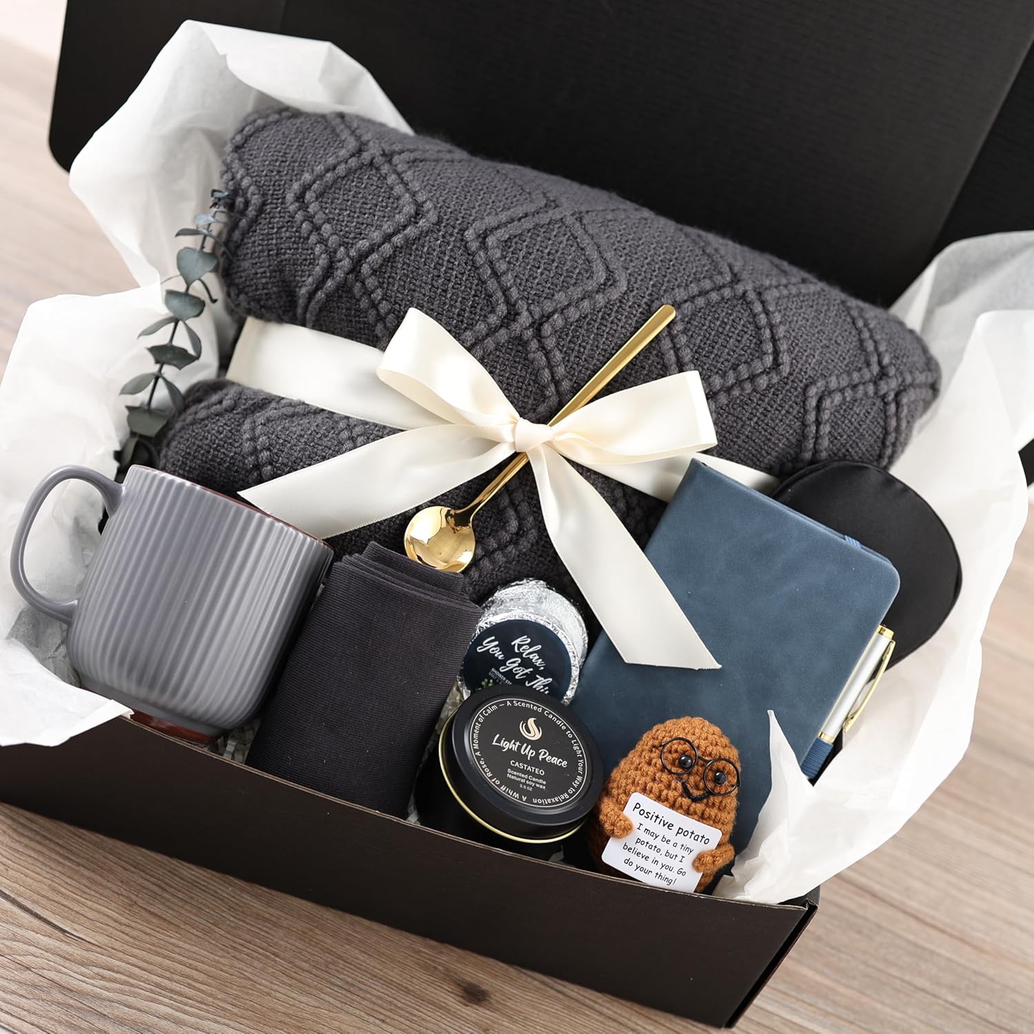 CASTATEO Thoughtful Comfort Care Package for Men & Women - Grey & Navy Gift Box with Knitted Blanket, Ceramic Mug & Positive Potato - Versatile Thinking of You or Birthday Gift