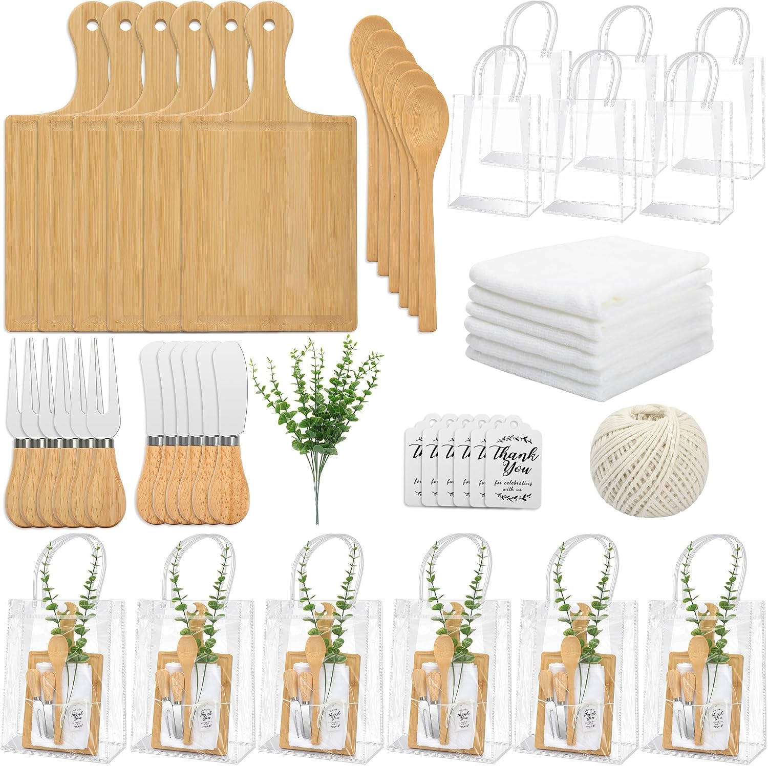 Cheese Board Gift Set, 55 Pcs Baby Shower Gifts with Cheese Board Spoon Fork Butter Spreaders Plaid Towel Thank You Card and Gift Bags, All-in-One Prizes