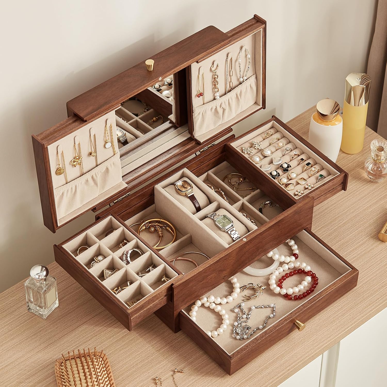 Walnut Wooden Jewelry Box for Women, with Mirror, 3 Layer | Large Multi-functional Drawers Jewelry Organizer, Watch Storage, Necklace Ring Earring Storage, Gift for Her