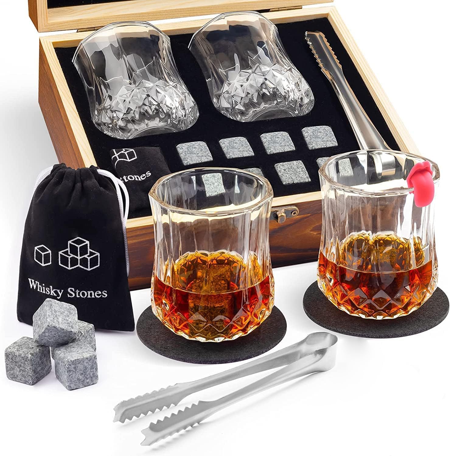 Whiskey Stones Gift Set of 2, Bourbon Whiskey Gifts for Men - Includes 8 Chilling Whiskey Stones, Wooden Box and Slate Coasters, Gift for Guy Men Boyfriend Dad Anniversary or Retiremen
