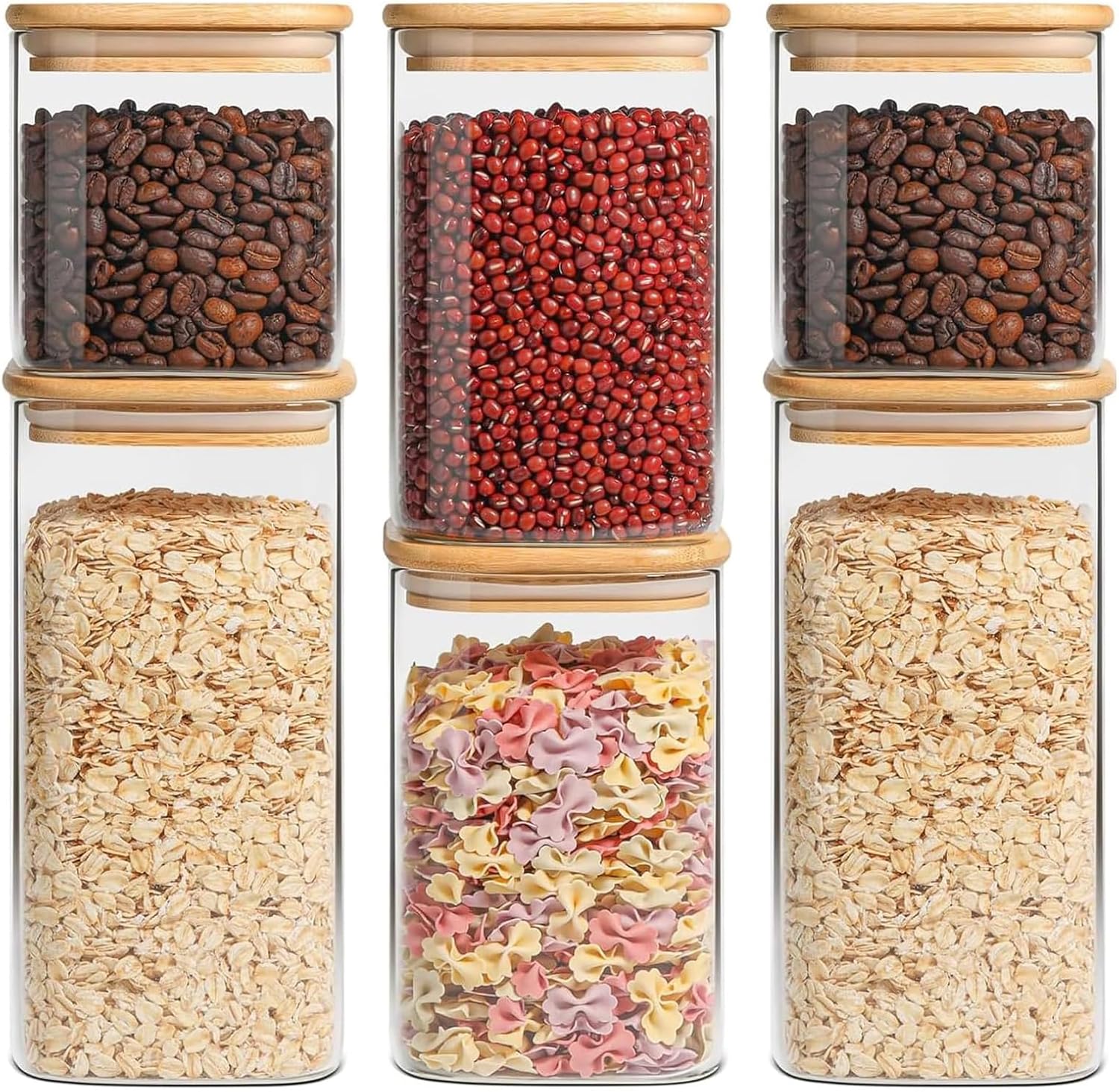 Plastic Storage Containers with Lid, Reusable Clear Jars,(0.7Qt/1.2Qt/1.6Qt) Set of 6 Square Food Canister with Bamboo Lid Airtight for Serving Tea,Rice,Spice,Flour,Sugar,Cereal,Cookie,Coffee