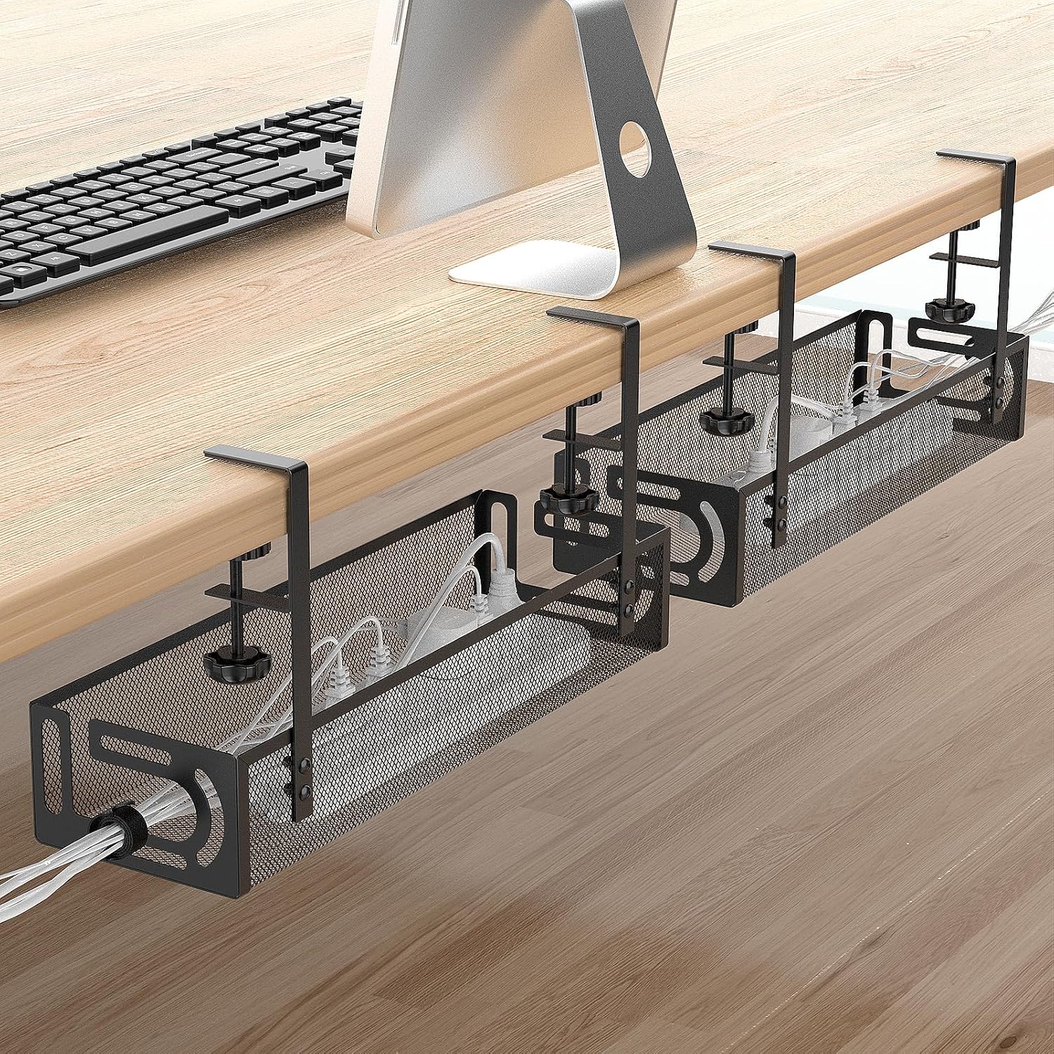 2 Pack Under Desk Cable Management Tray No Drill, Metal Mesh Cable Tray with Clamp for Desk Wire Management, Desk Cable Management Box and Cord Organizer for Office, Home