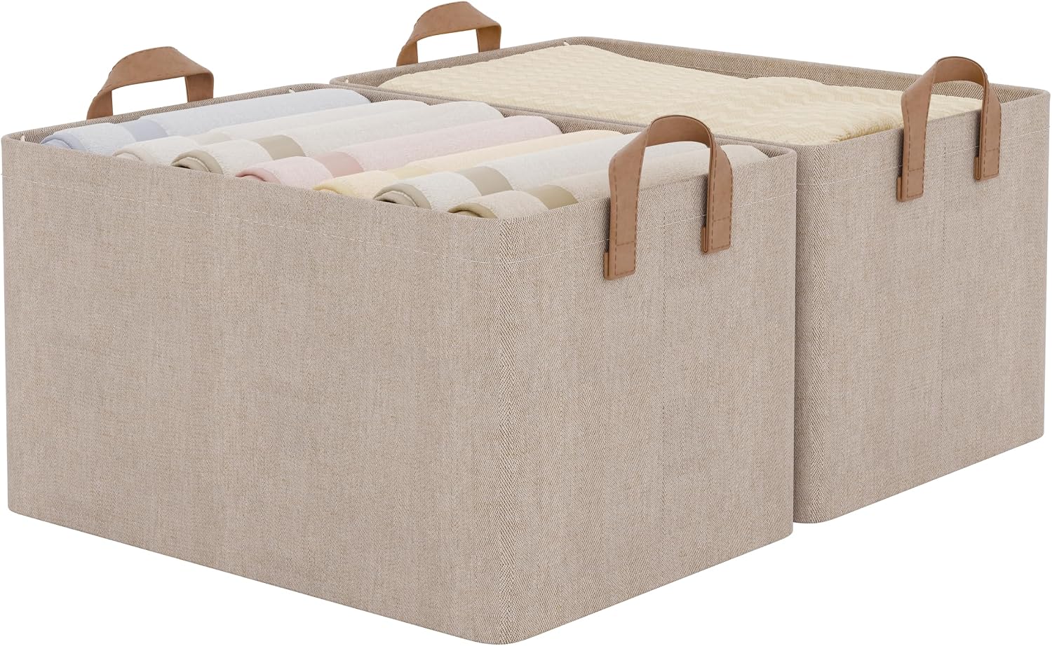 StorageWorks Shelf Storage Baskets, Large Fabric Storage Bins for Organizing, Linen storage Box for Organizing with Handles, Metal Frame, Brown & Beige, 2 Pack