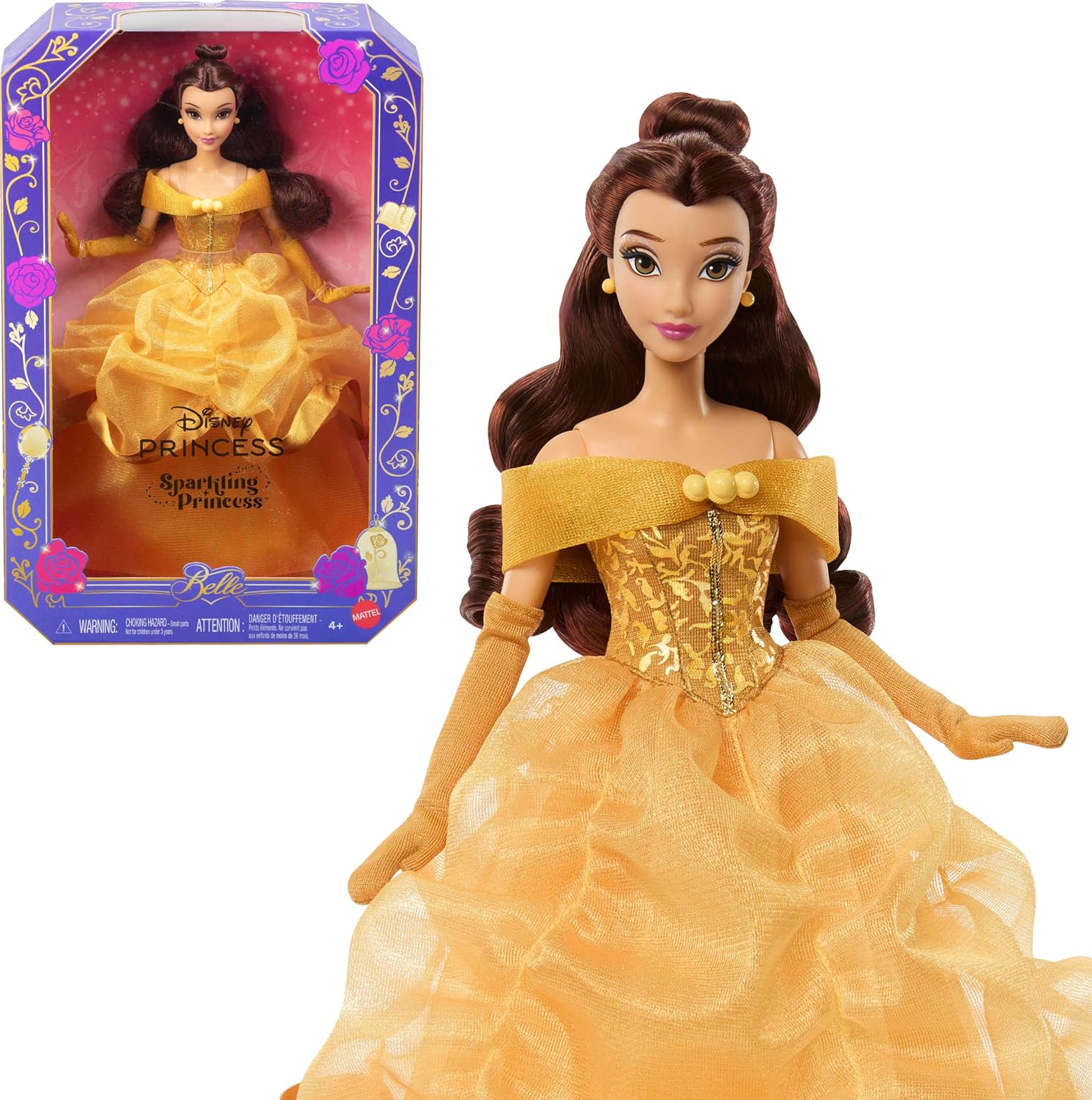 Mattel Disney Princess Belle Sparkling Fashion Doll | Posable Doll in Signature Look, Removable Dress, Shoes and accessories, Inspired by Beauty & the Beast