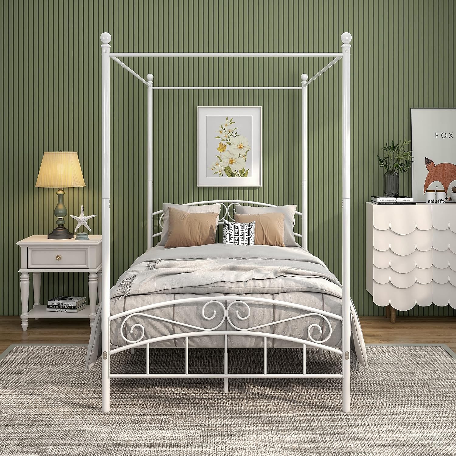 Double Bed Frame,Canopy Four Poster with Metal Slats,White | Canopy Bed Frame Double,Mosquito Net Curtains,Mattress Platform,Bedroom Furniture,Under Bed Storage,No Box Spring Needed