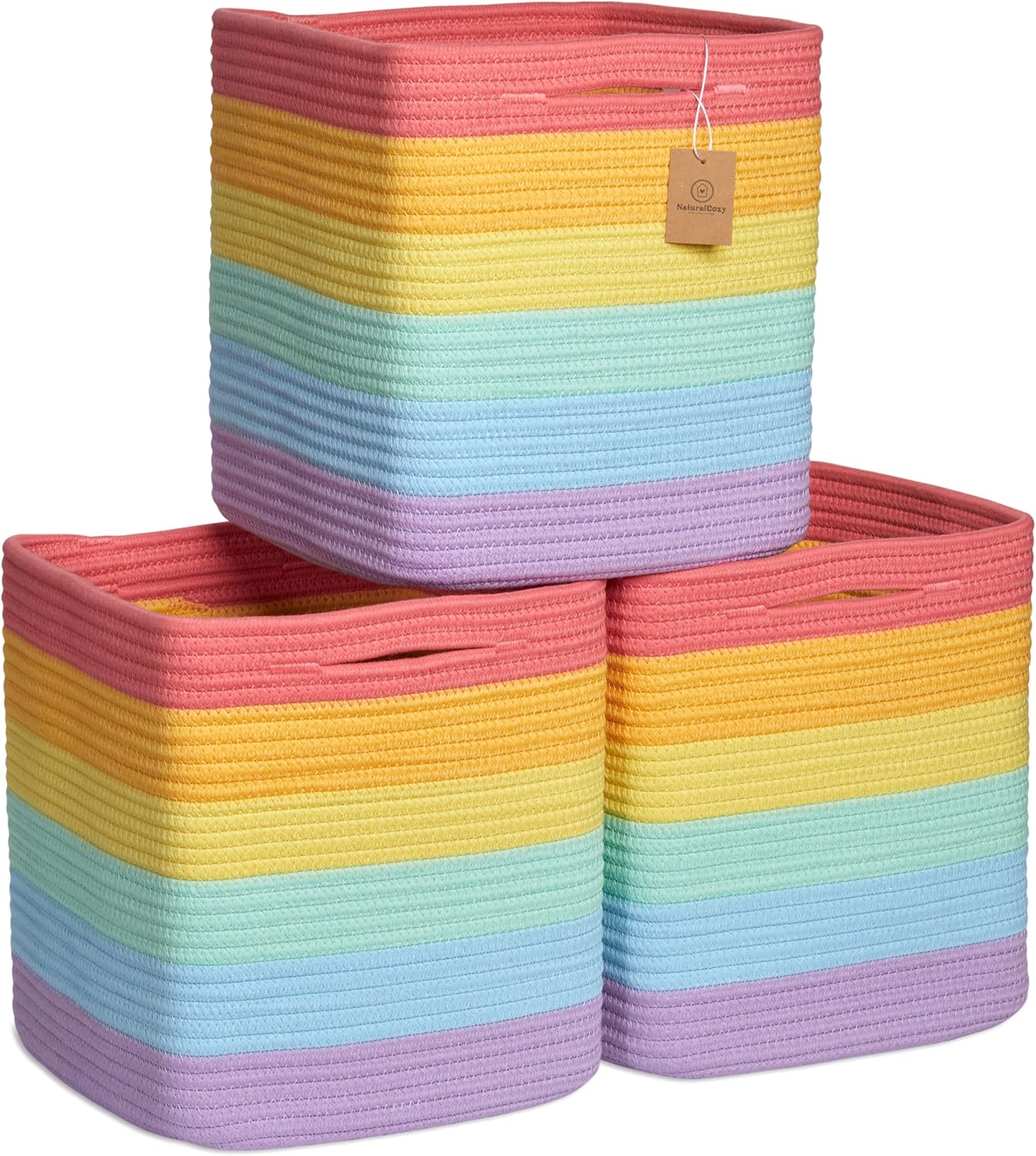 NaturalCozy Cotton Rope Woven Baskets - 11 Inch Square Storage Cubes, 3-Pack | Organizer for Shelves, Classroom, Kids Toy Bins, Closet, Baby Nursery
