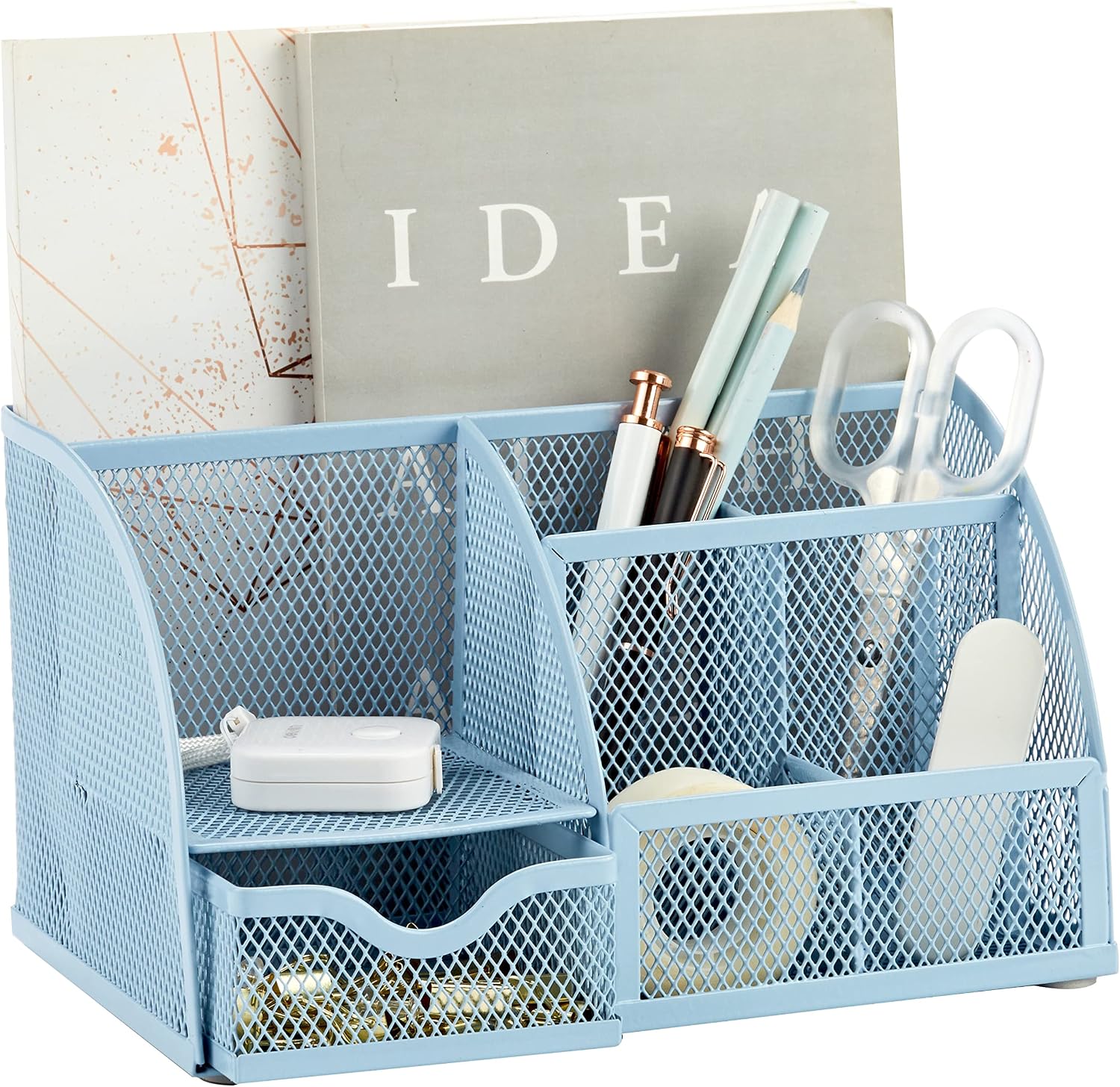 Annova Mesh Desk Organizer Office with 7 Compartments + Drawer/Desk Tidy Candy/Pen Holder/Multifunctional Organizer (New Blue23)