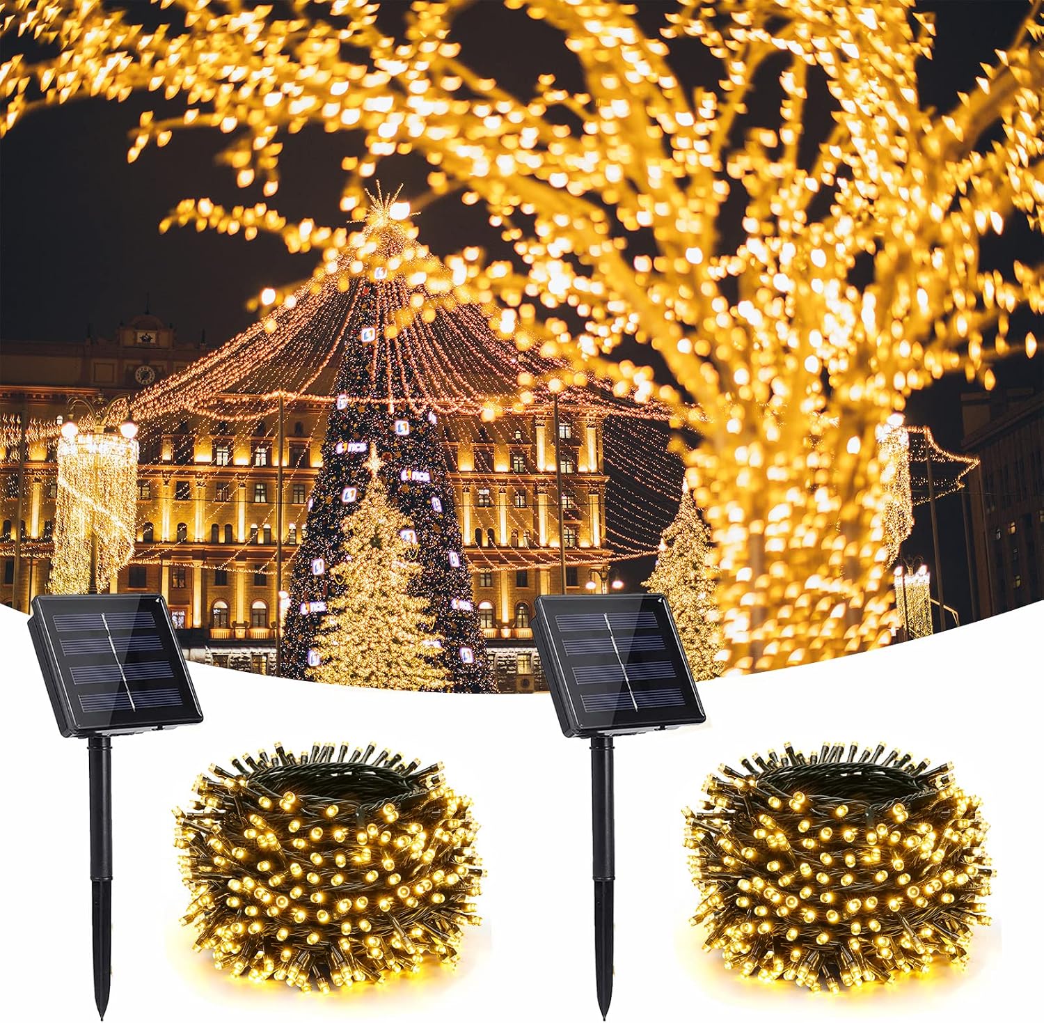 Toodour Solar String Lights, 2 Pack Total 20M 200 LED 8 Modes Outdoor Fairy String Lights, Waterproof Solar Powered Outdoor Lights for Xmas Tree Fence Holiday Party Balcony Decor - Warm White
