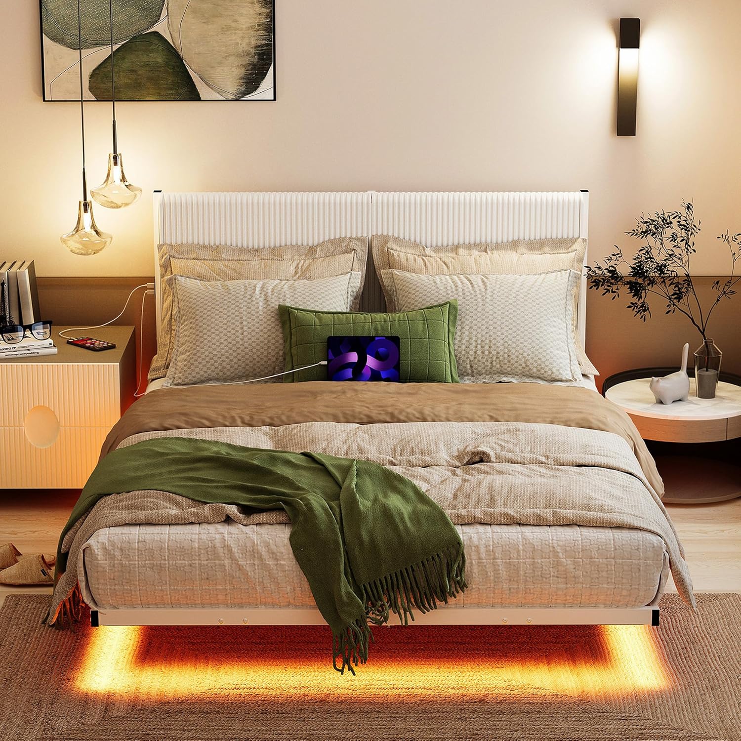 Double Floating Bed Frame with LED Lights and Charging Station, Upholstered Platform Bed Frame Double Size with Velvet Upholstered Headboard, Metal Bed Base,Easy Assembly, White