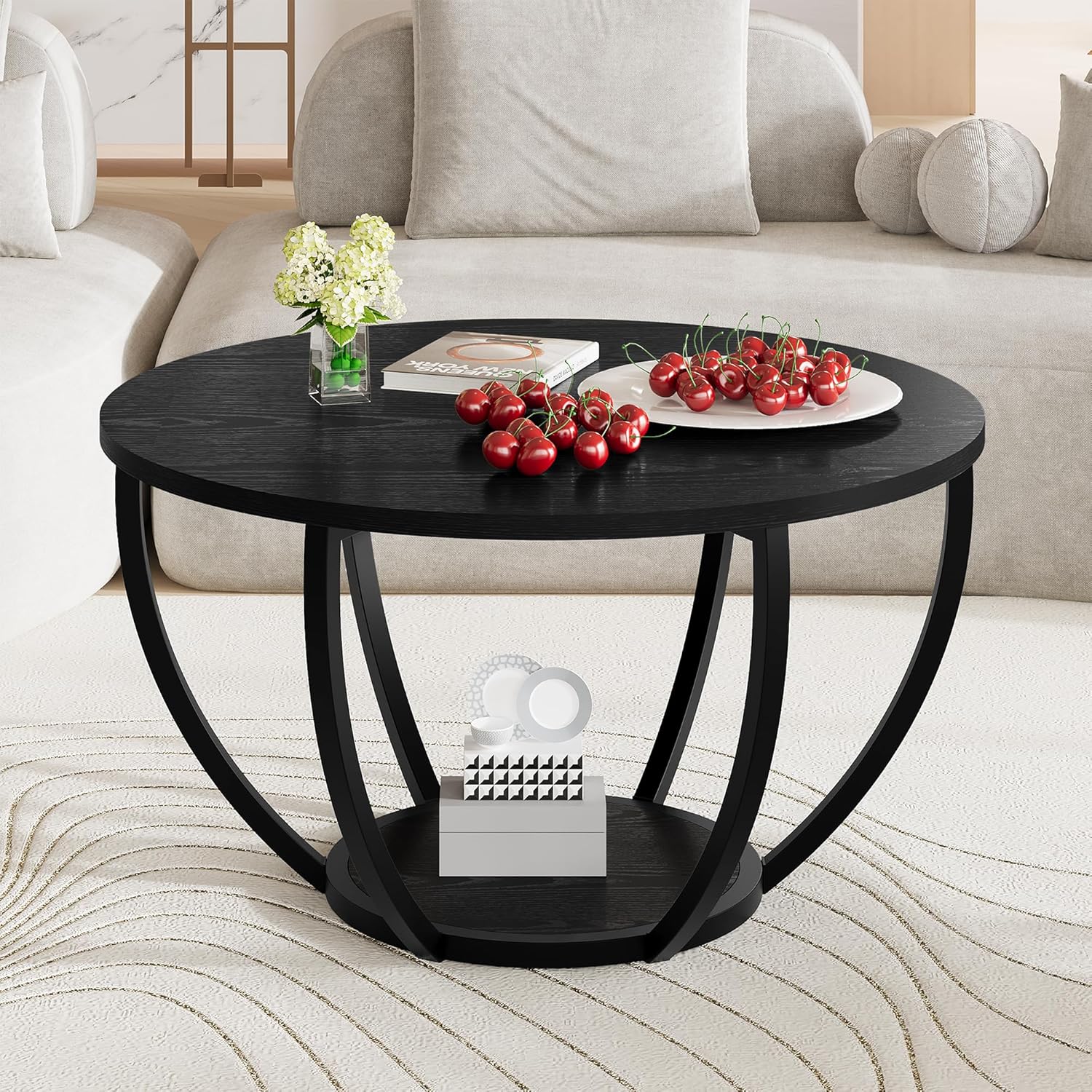 70cm Round Coffee Table for Living Room,Small Coffee Tables,Black | Wooden 2-Tier Circle Coffee Tables with Storage Shelves,Accent Center Table,Sofa Table for Home Office,Heavy Duty,Brown